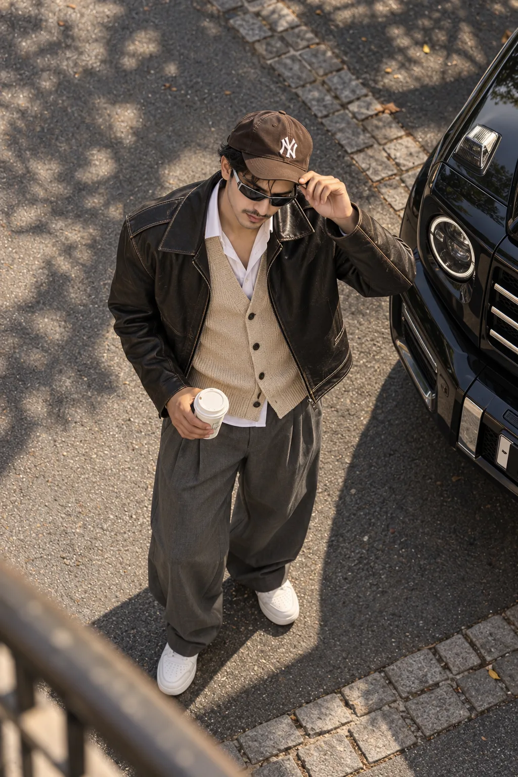 HIGH-ANGLE EDITORIAL STREET-STYLE PHOTOGRAPH FROM A BALCONY VIEWPOINT LOOKING DOWN AT THE YOUNG MAN FROM THE UPLOADED IMAGE.