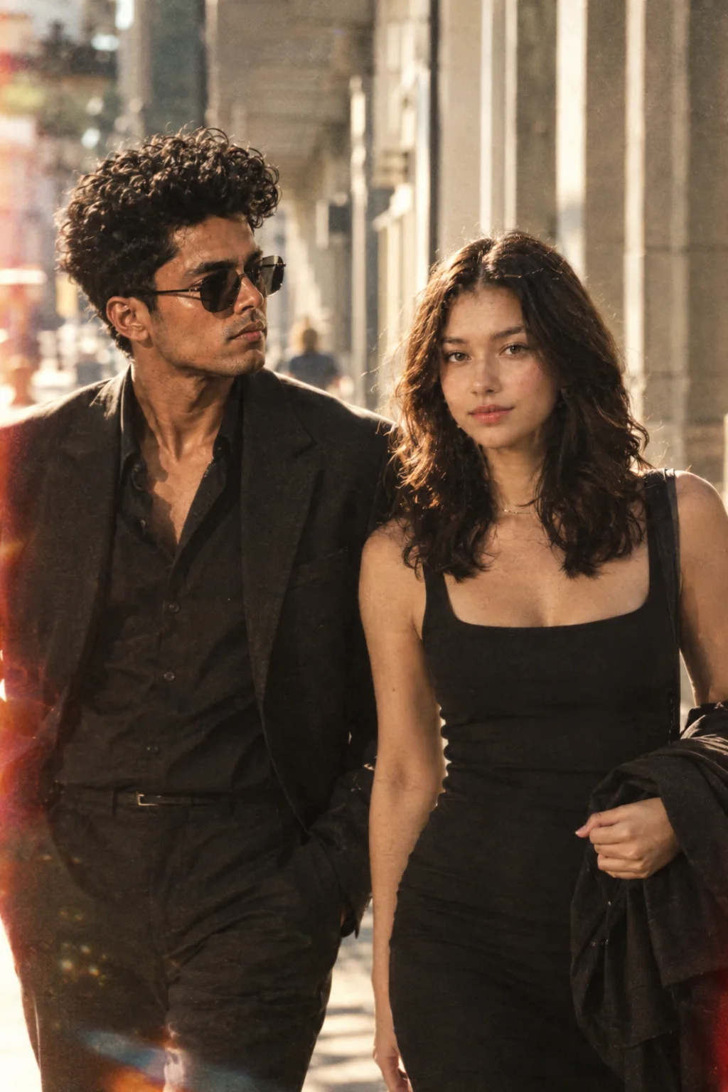 A cinematic candid medium shot portrait of a man and a woman walking side by side along a bright urban walkway, framed from the waist up.