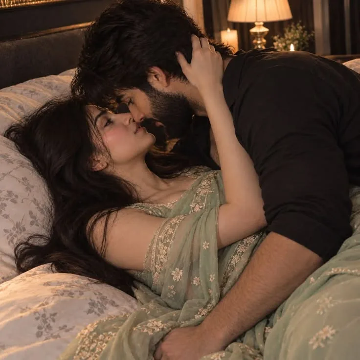 Romantic Bedroom Portrait of Young Indian Couple in Sage Green and Black