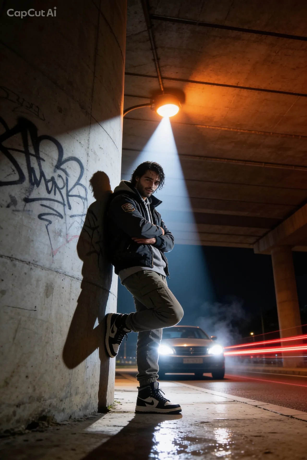 "Concrete Underpass — Headlight Silhouette" SUBJECT STANDING CONFIDENTLY UNDER A CONCRETE HIGHWAY UNDERPASS AT NIGHT, LEANING BACK AGAINST