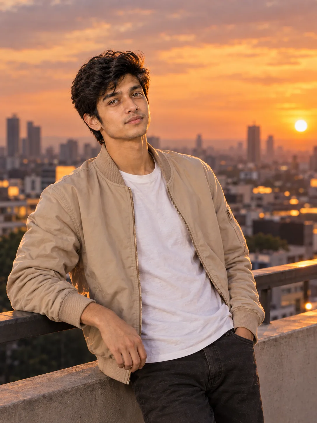 A highly detailed cinematic photograph of a young man standing on a city rooftop during golden hour.