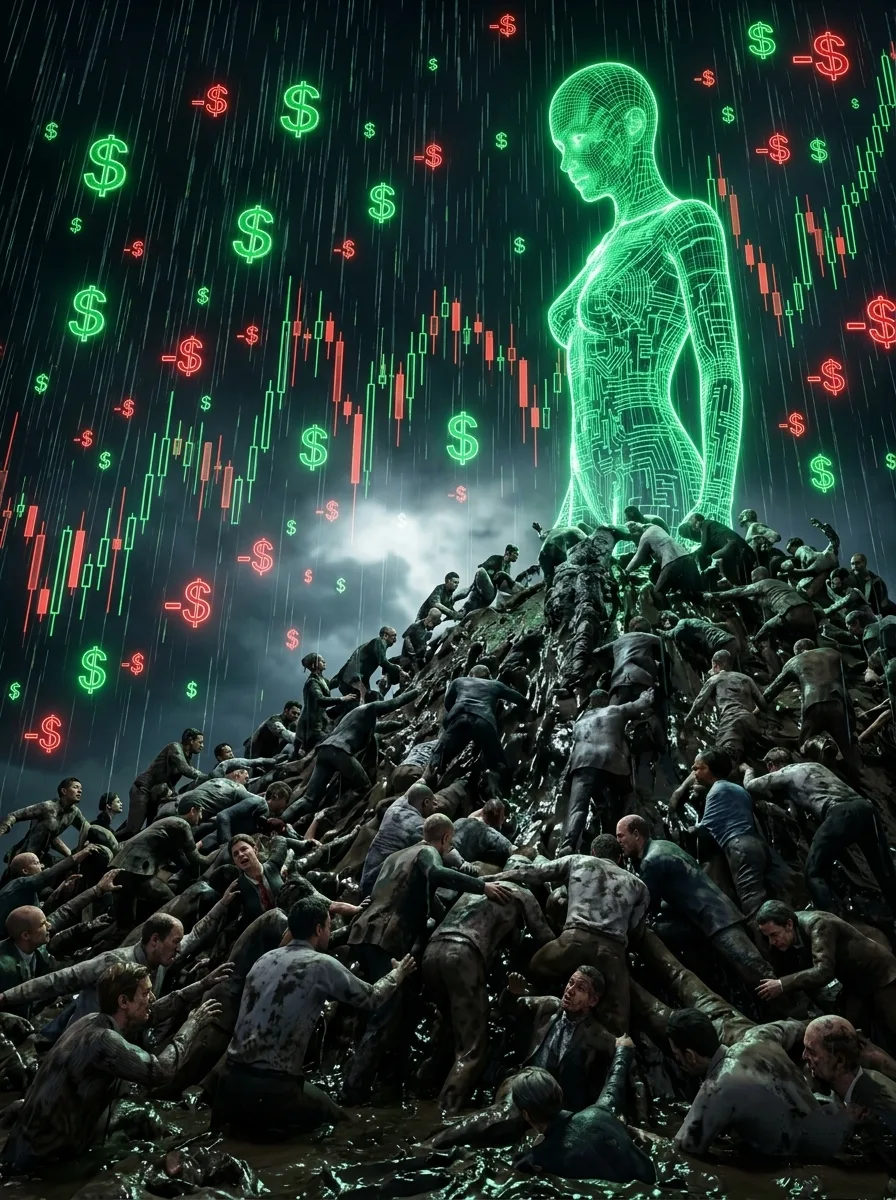 A high-quality 9:16 aspect ratio conceptual art depicting the dark side of trading and greed.