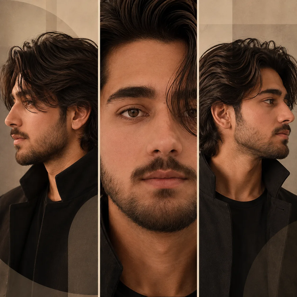 A highly cinematic, photorealistic **triptych fashion portrait** featuring the same handsome young adult man presented in three vertically