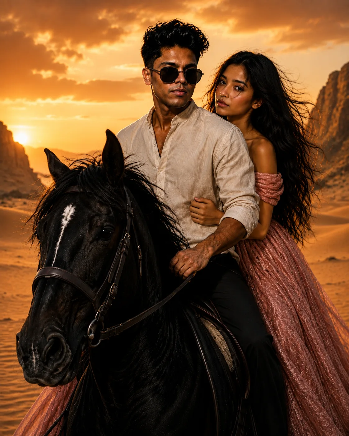 Prompt: > Ultra-realistic cinematic portrait of a young South Asian couple riding together on a majestic black horse in a vast desert at