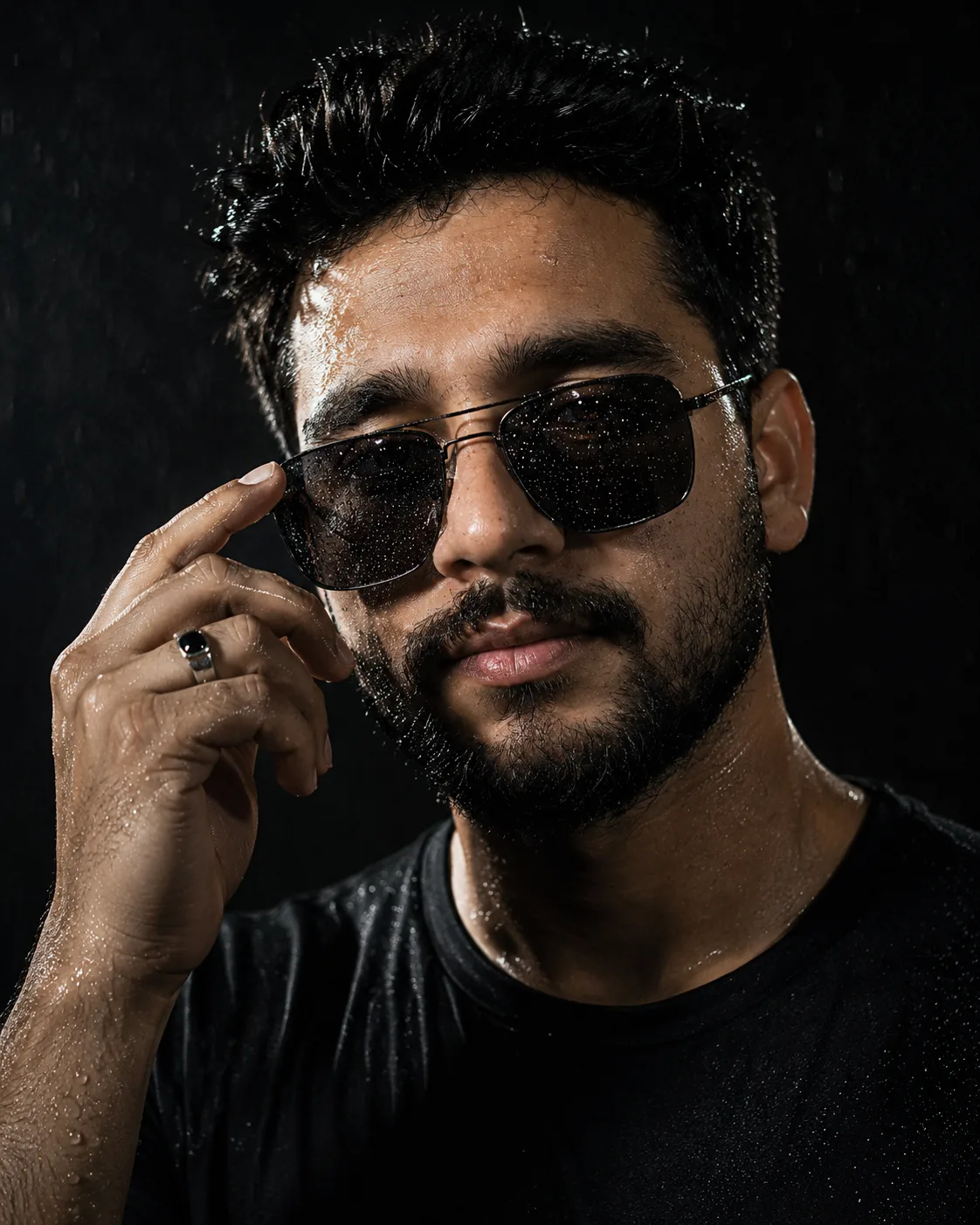 Ultra-realistic cinematic close-up portrait of a young man with wet skin and damp, messy hair.