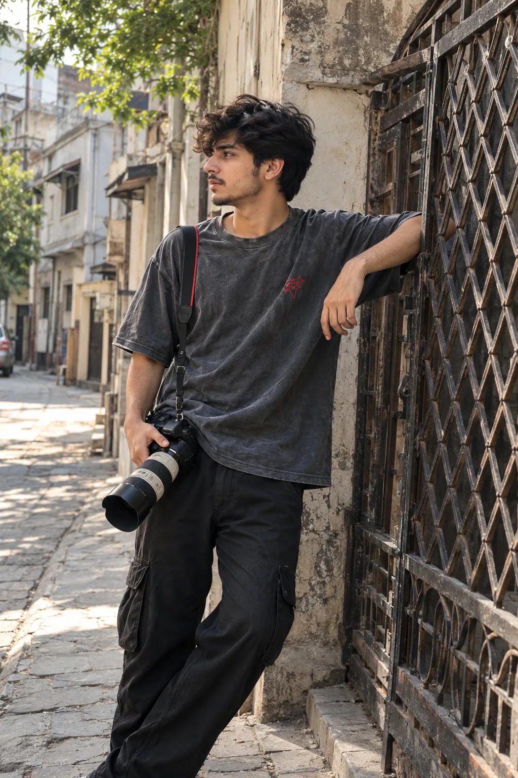 Ultra realistic photograph of a young Indian man standing beside a rustic diamond-lattice iron gate on a quiet old urban street, shot on a