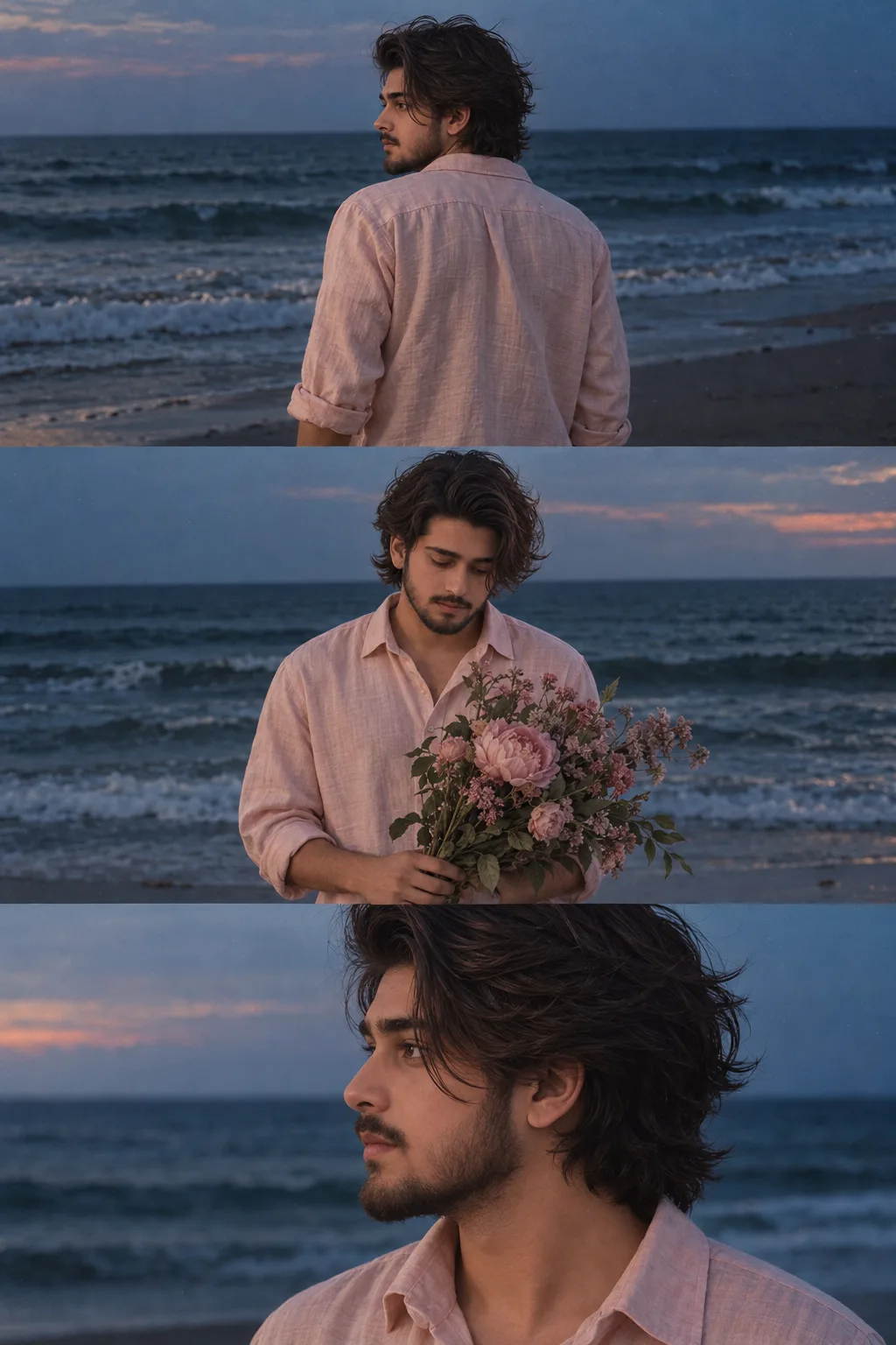 Create a highly cinematic, ultra-realistic editorial photography triptych featuring the same handsome young South Asian man at a quiet