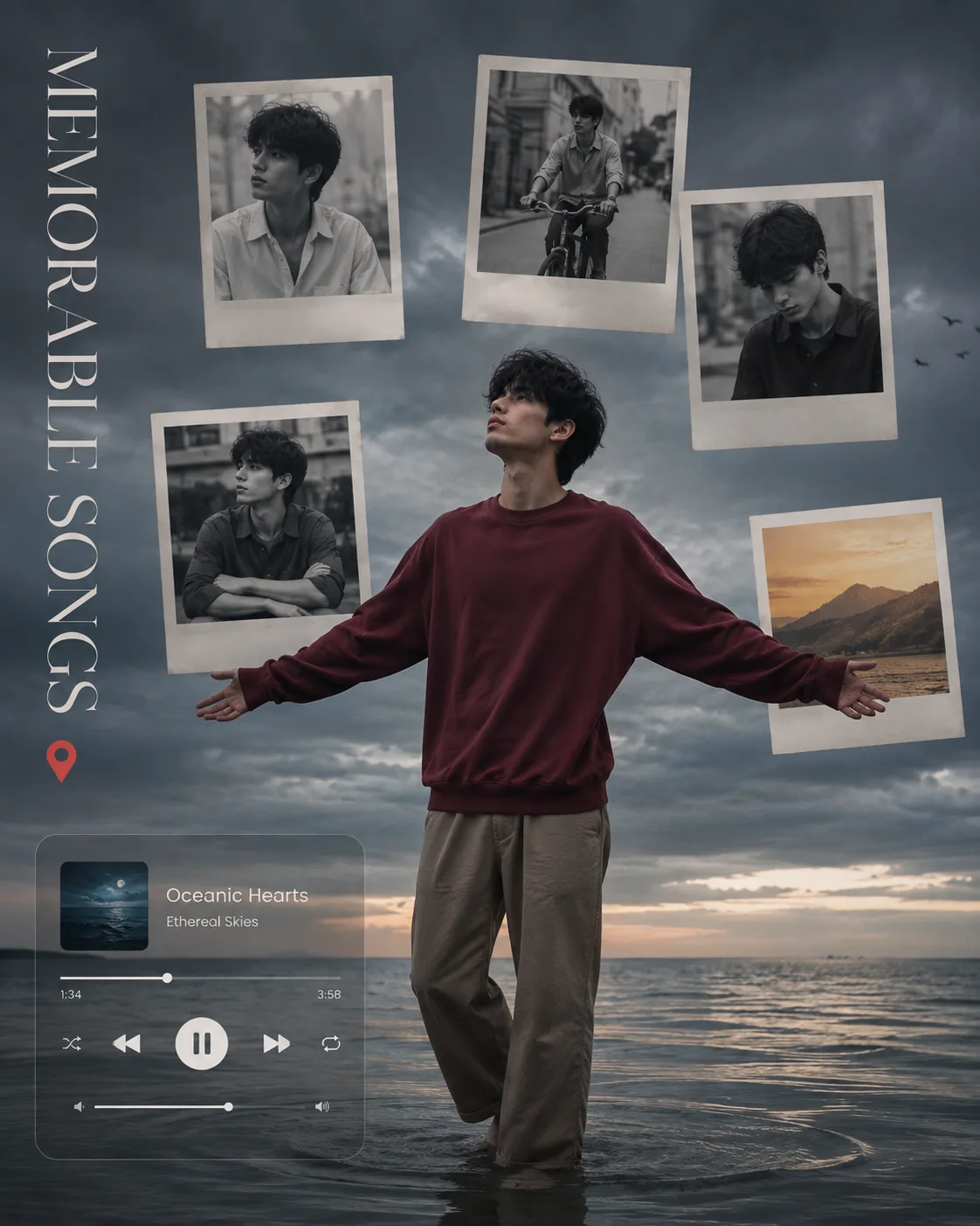 Create a premium ultra-realistic cinematic music-inspired editorial poster of a young adult South Asian male standing alone in shallow