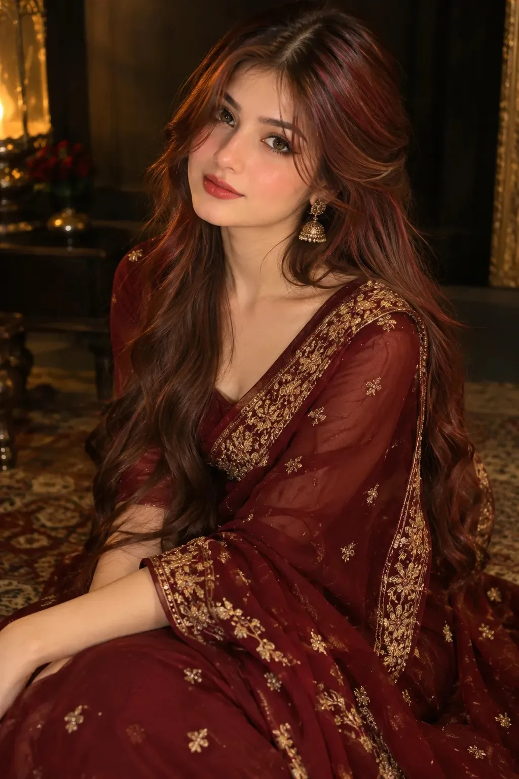 A beautiful young woman wearing a luxurious dark red (maroon) saree with intricate golden embroidery and delicate floral motifs.