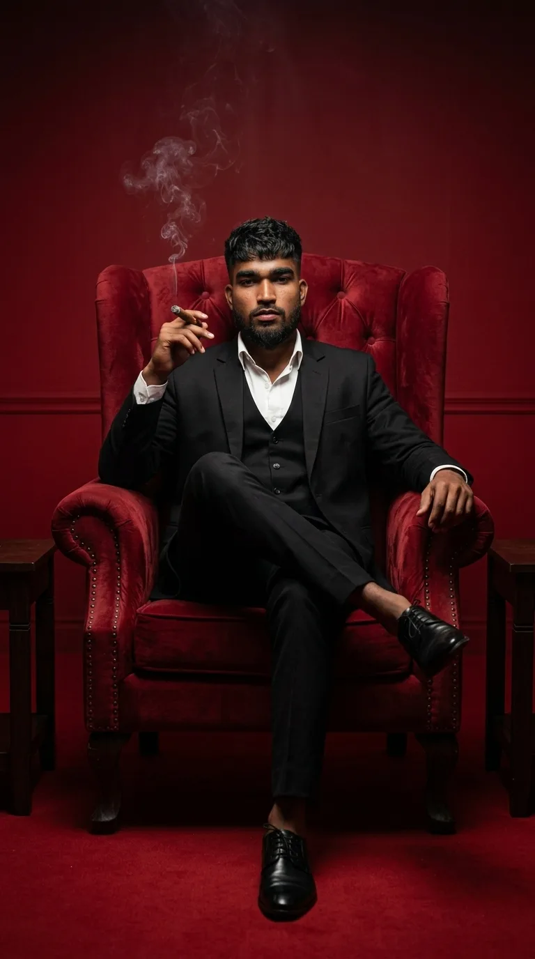 Detailed AI Image Prompt Vertical 9:16 cinematic portrait of a powerful man sitting in a vintage red velvet armchair, holding a smoking
