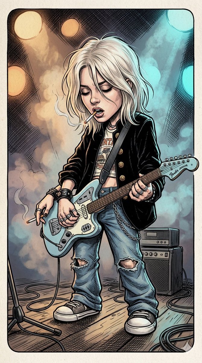 Image using on Gpt:2 Prompt: A vertical portrait 9:16 full-body clean-line comic book illustration of a young woman rock musician, directly
