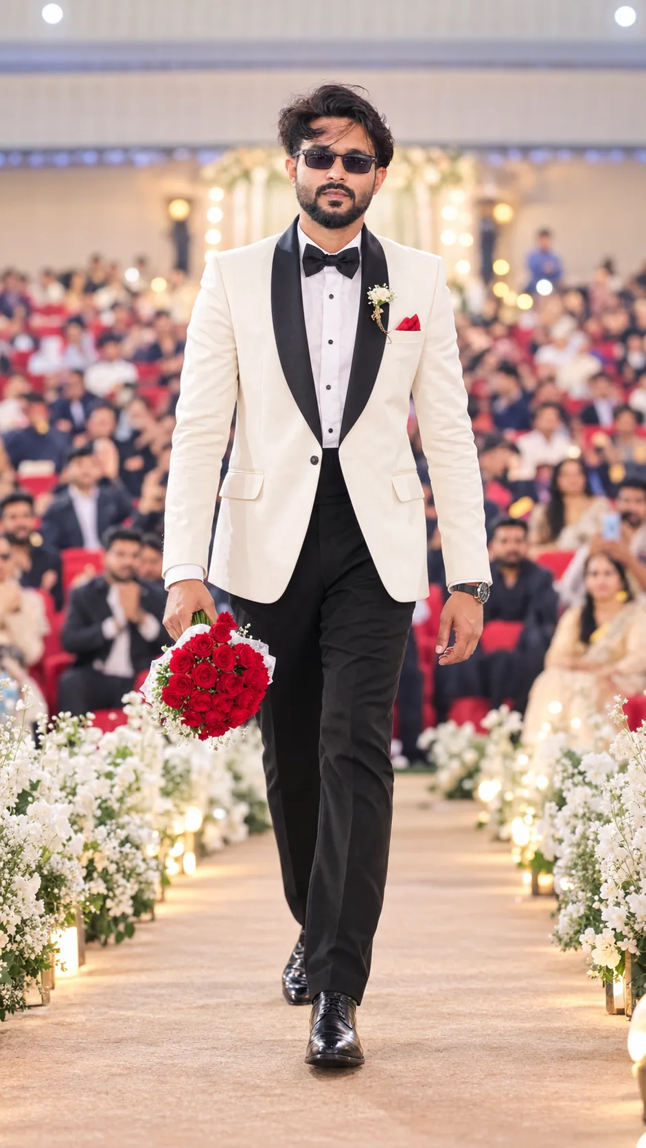AI Photo Prompt Create an ultra-realistic, high-quality 4K UHD full-body cinematic wedding-event photograph of a stylish young Indian man