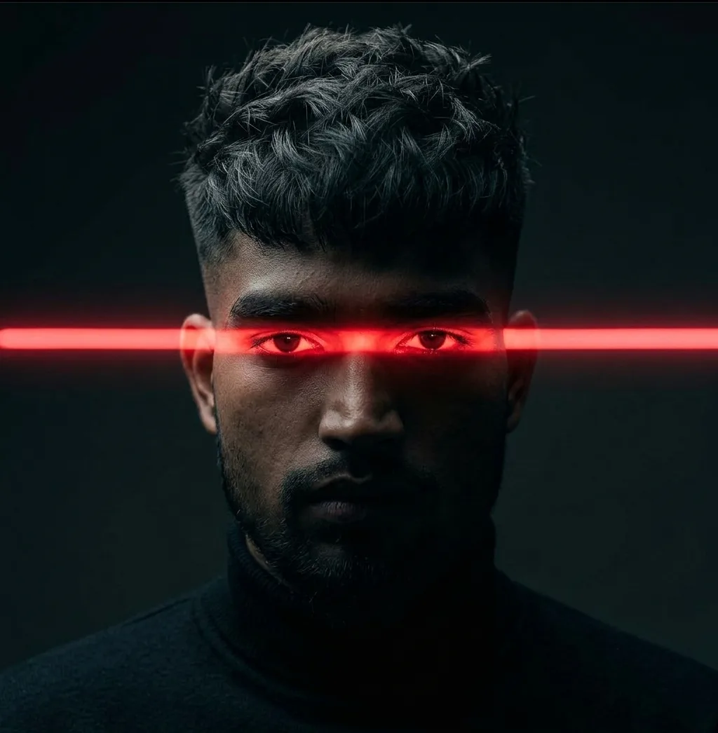 Cinematic studio portrait of a young man with messy textured hair, wearing a black turtleneck, centered composition, dark minimal