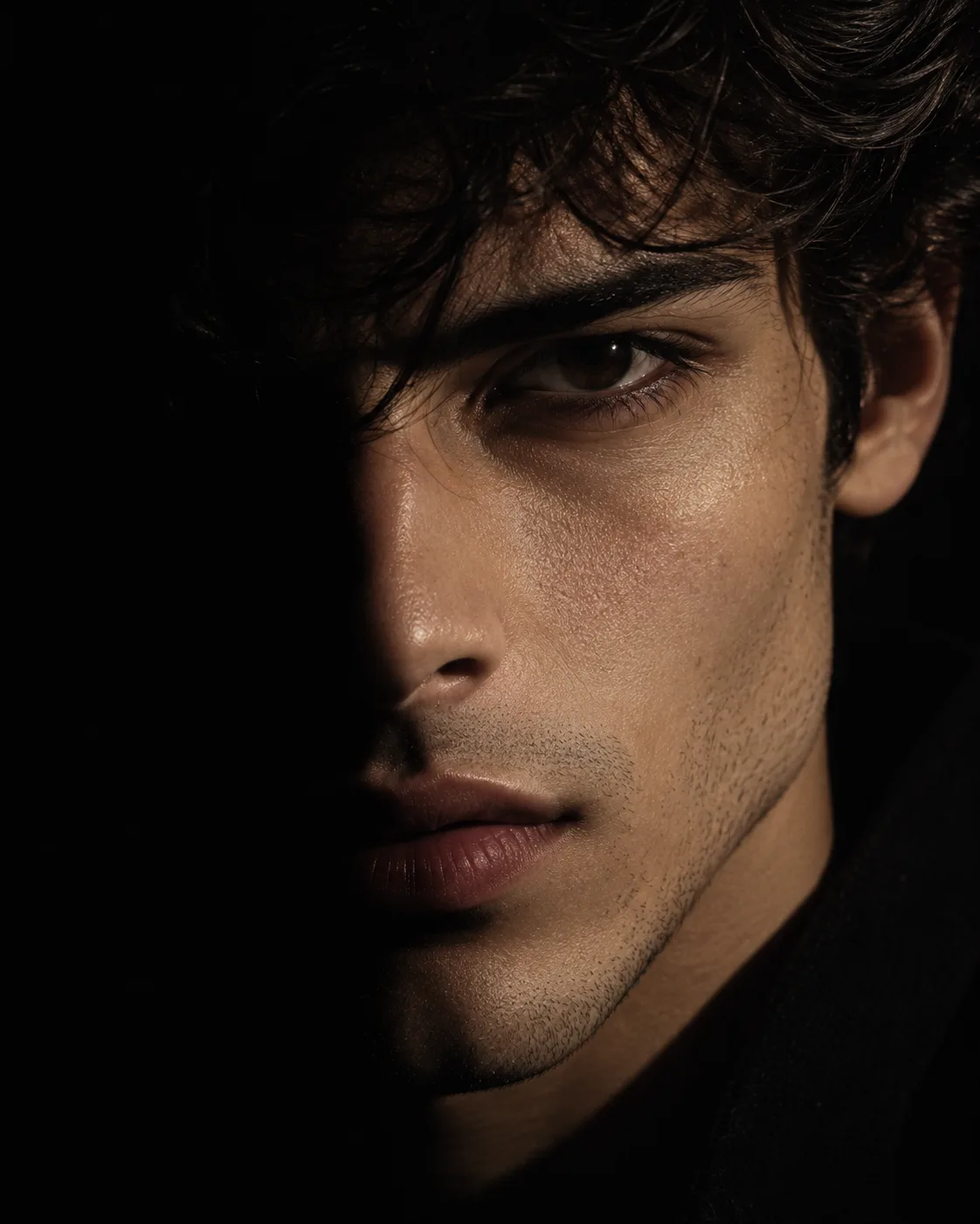 Ultra-realistic luxury perfume campaign photograph of a strikingly handsome young man in his early 20s, extreme close-up portrait, only one