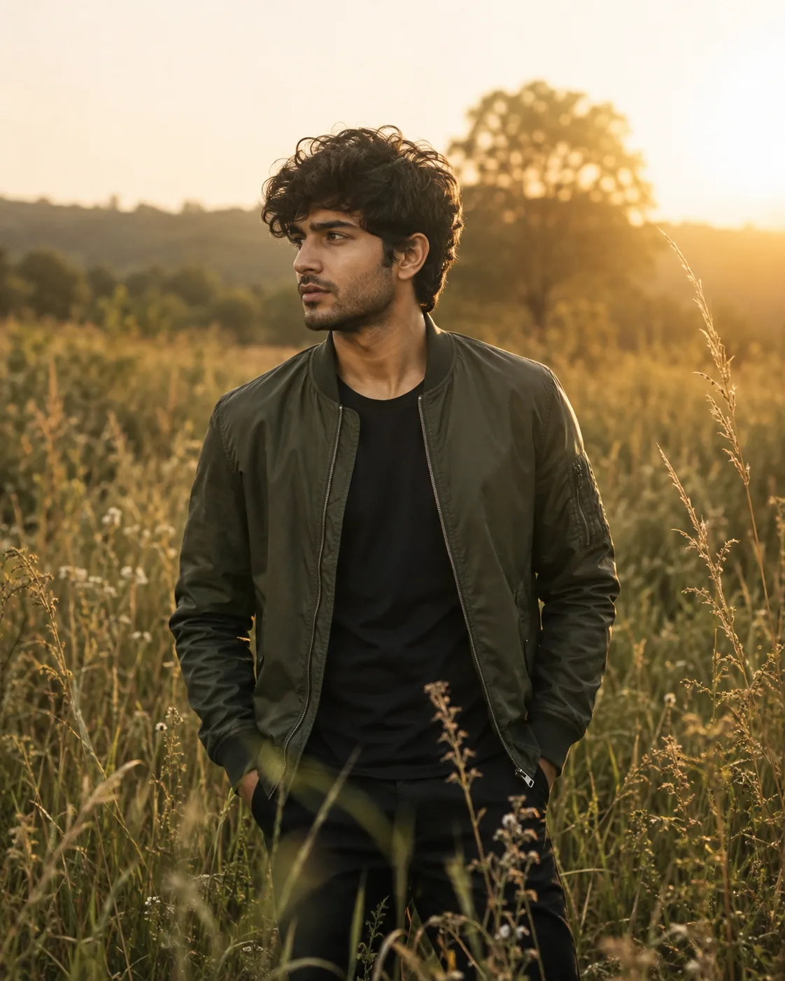 Create a premium ultra-photorealistic cinematic fashion portrait of a young adult male model standing naturally in a tall wild grass field