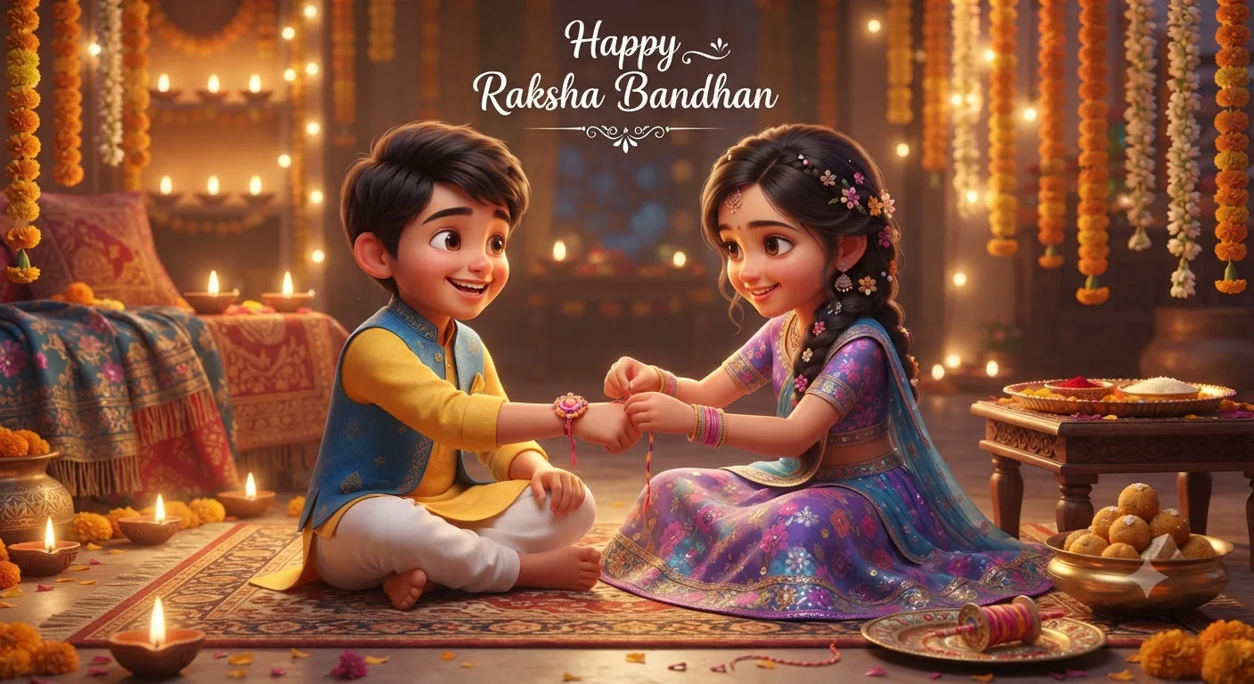 A cute 3D Pixar-style digital illustration of a young Indian boy and girl celebrating Raksha Bandhan.