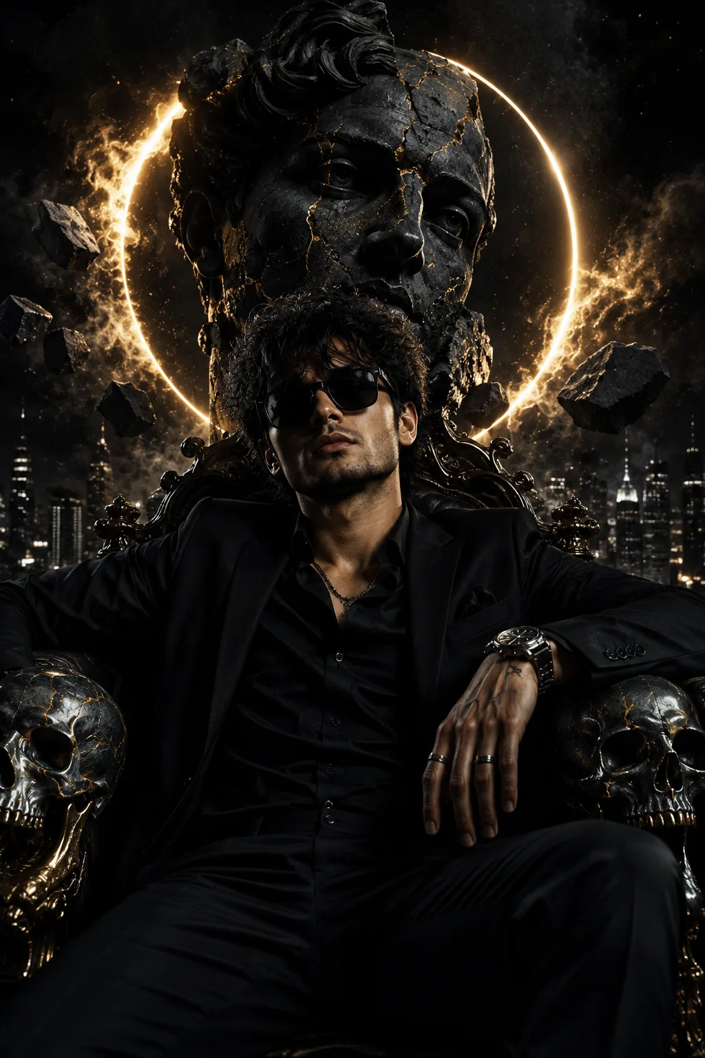 Create an ultra-realistic, highly cinematic portrait of a handsome young man sitting confidently on an enormous luxurious black-and-gold