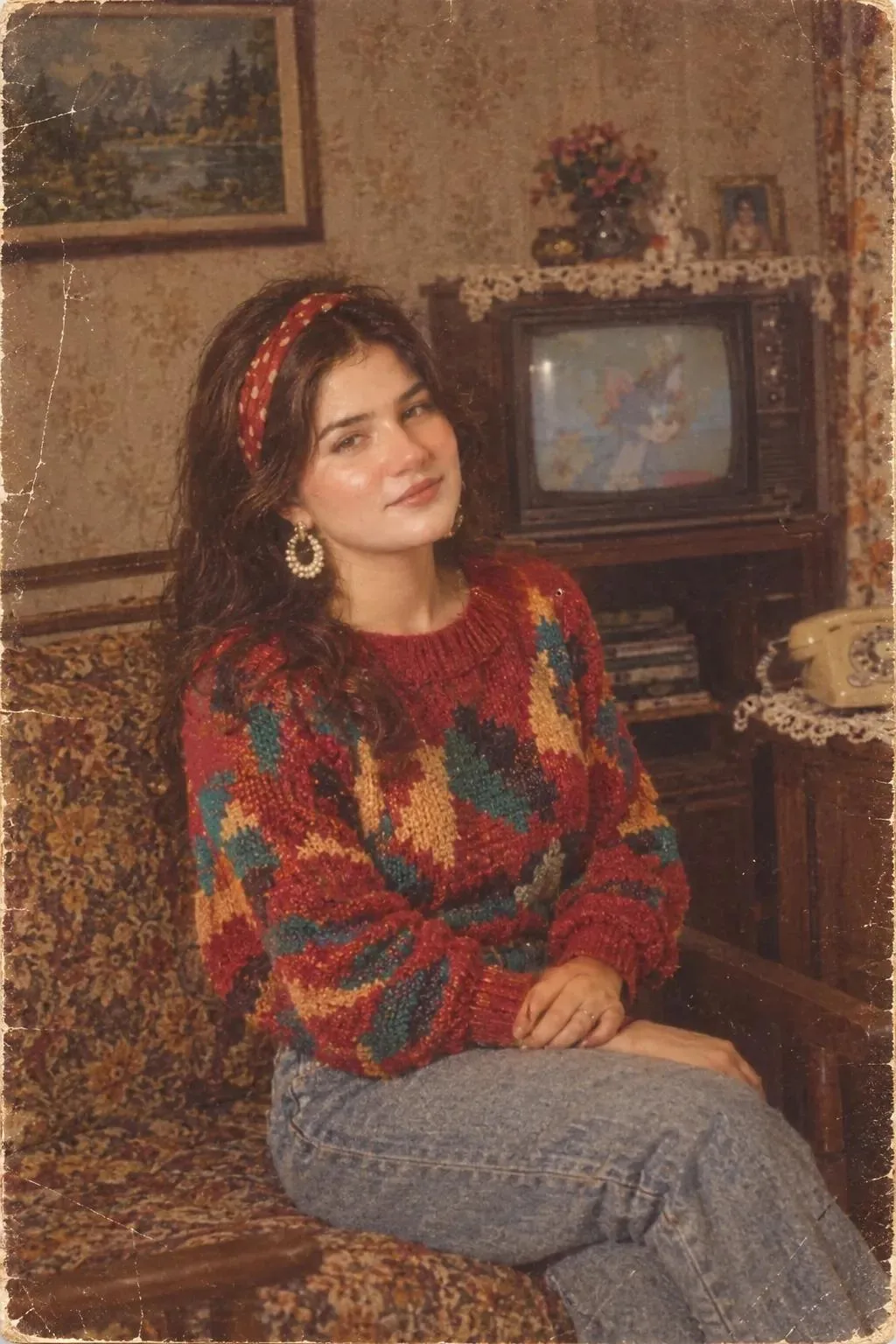 > **Transform this photo into an authentic 1980s vintage family portrait while keeping the girl’s exact facial features, facial geometry,