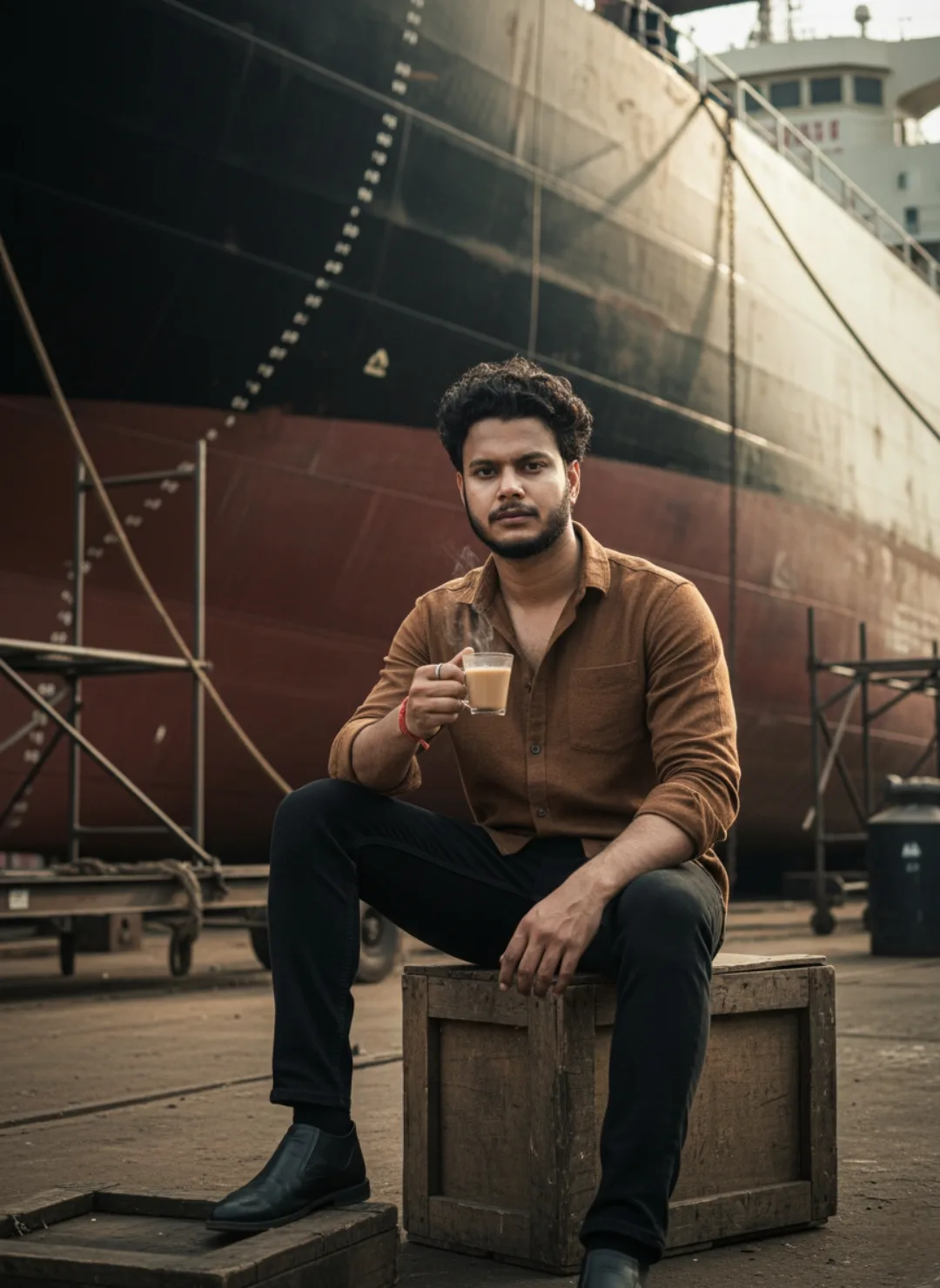 A candid portrait photograph capturing the man with the same expression, pose, and brown shirt, sitting on a wooden crate in a busy