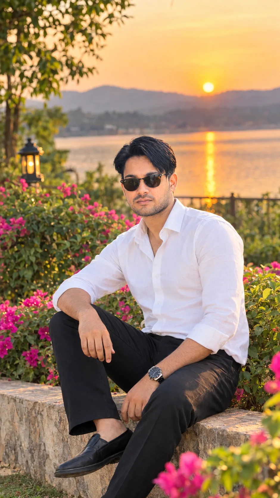 A handsome young South Asian man wearing a stylish white shirt and black trousers, sitting gracefully in a beautiful flower garden beside a