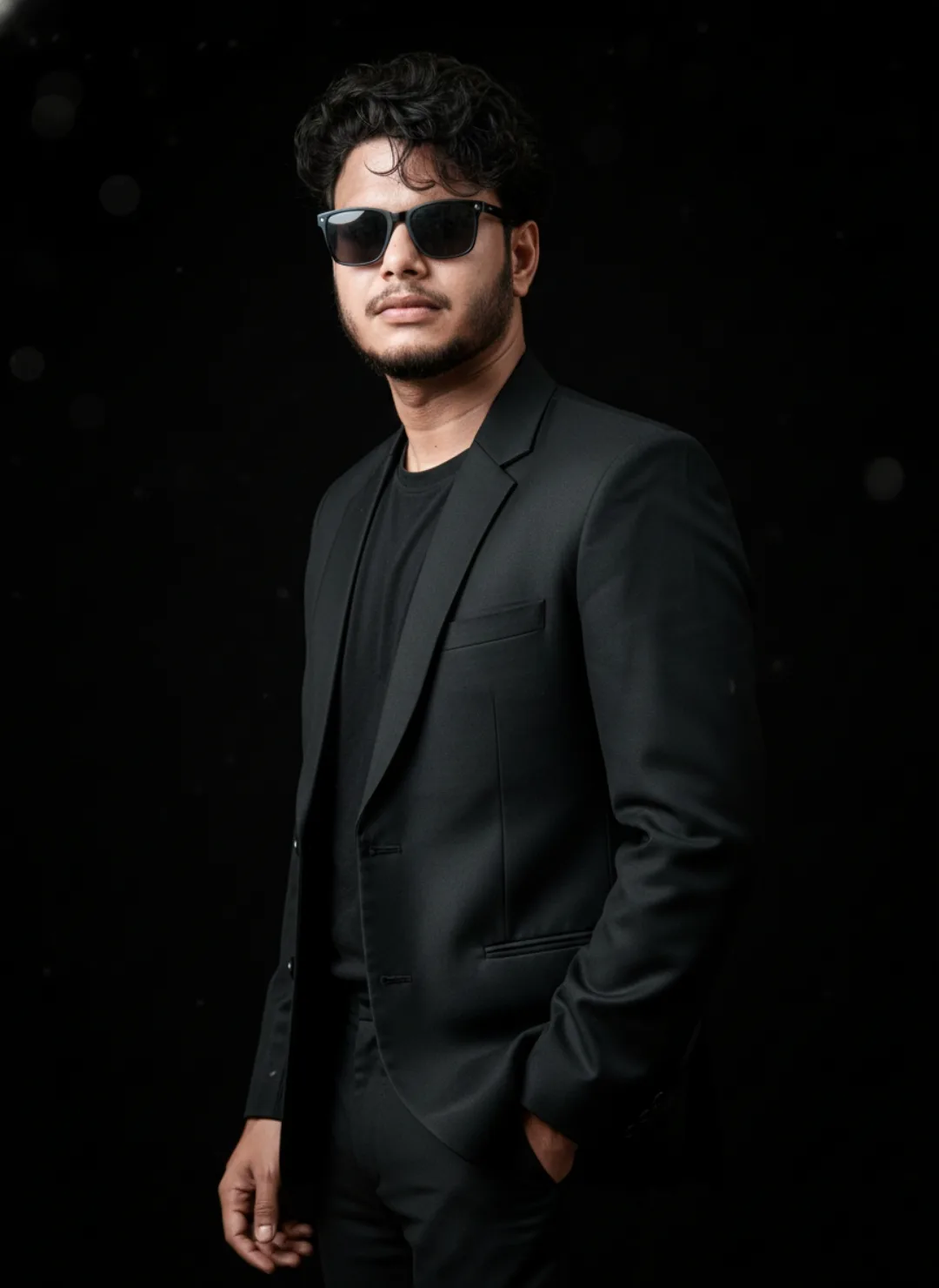 A high-end studio portrait of a 26-year-old Indian man, height 5 feet 5 inches, with a well-groomed stubble beard and stylish short black