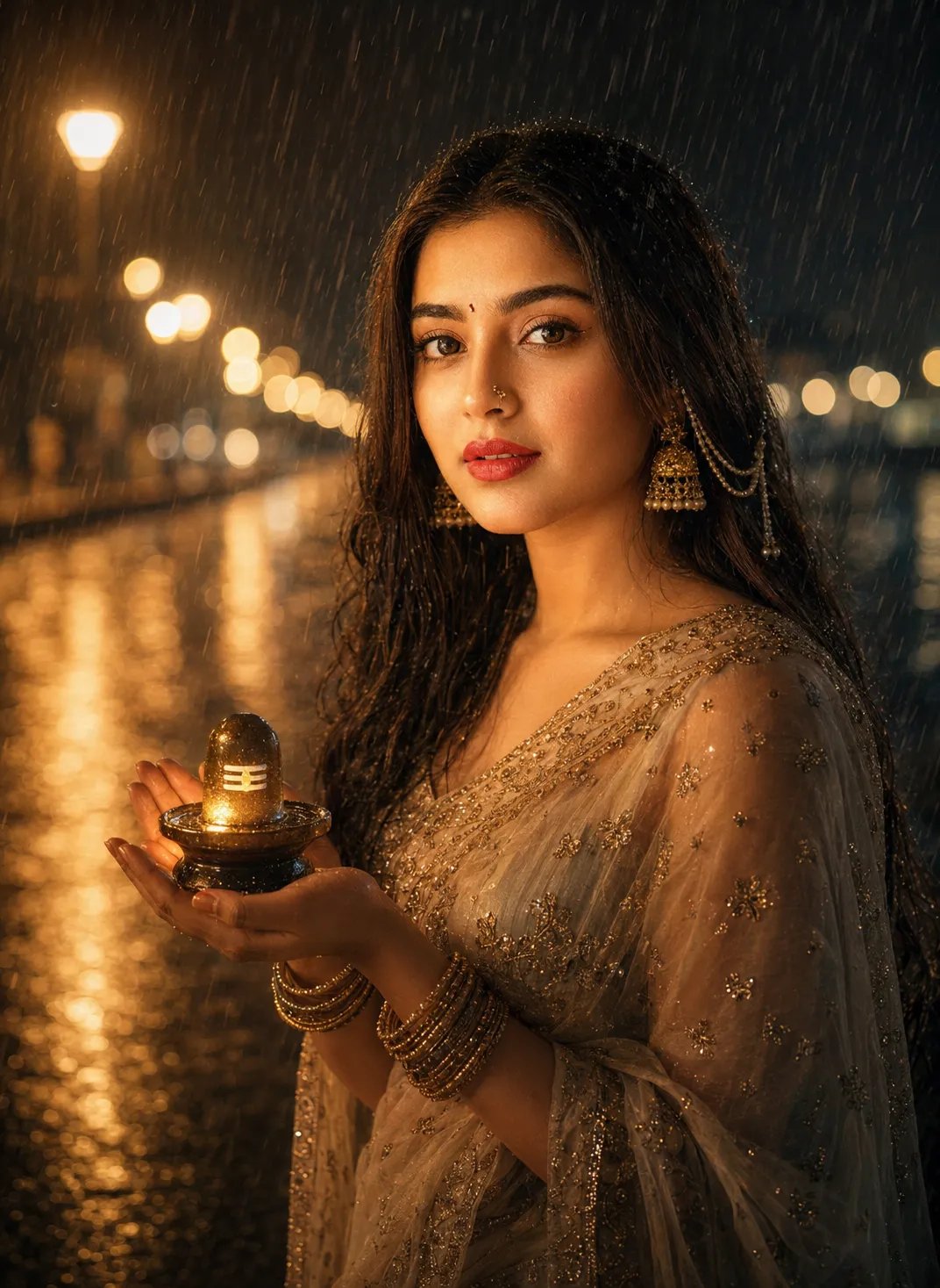 A cinematic portrait of a young Indian woman standing in the heavy rain at night, gently smiling while holding a small, warmly glowing