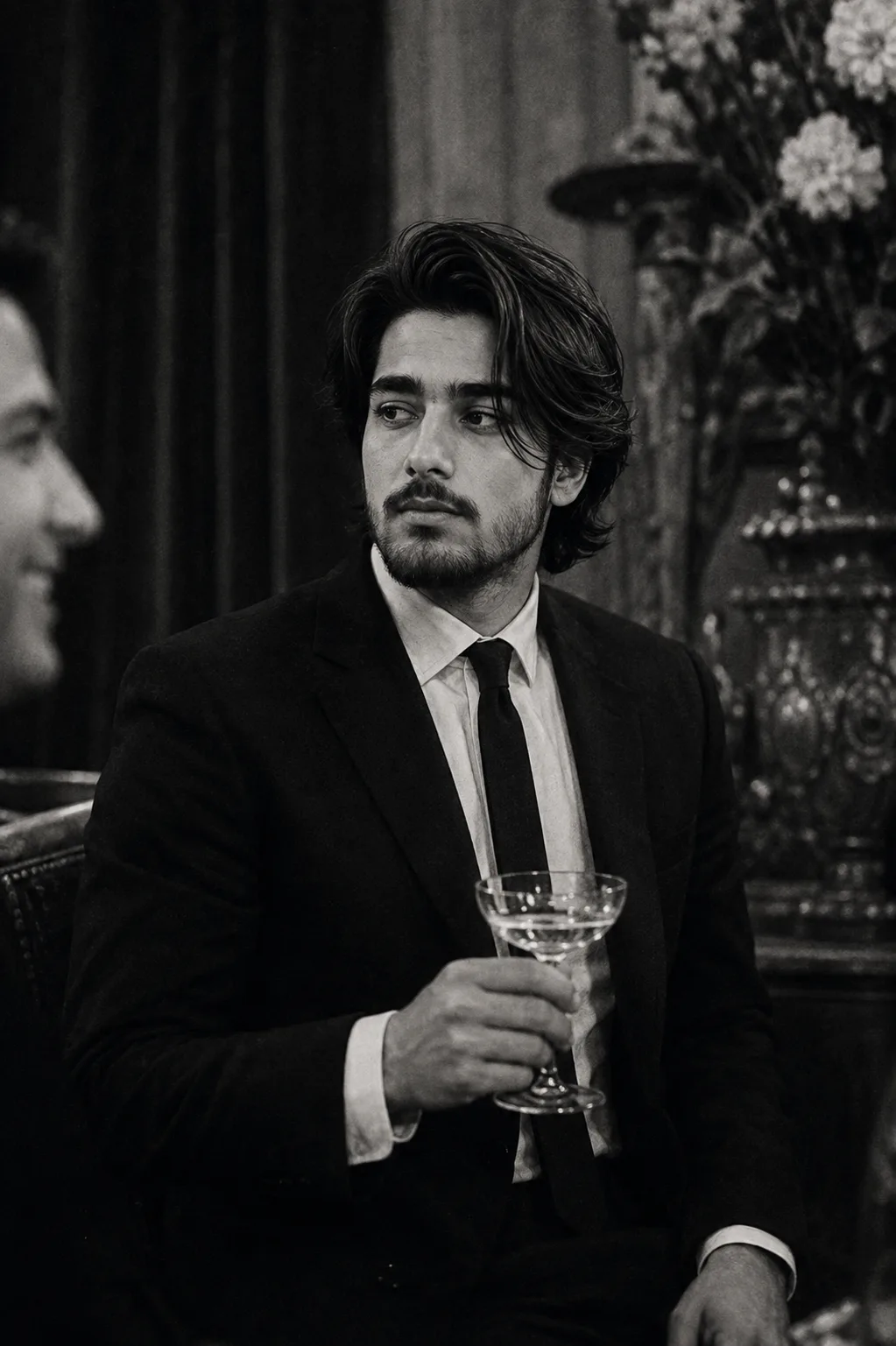A highly cinematic, photorealistic vintage black-and-white portrait of a handsome young adult man seated at an elegant formal gathering.
