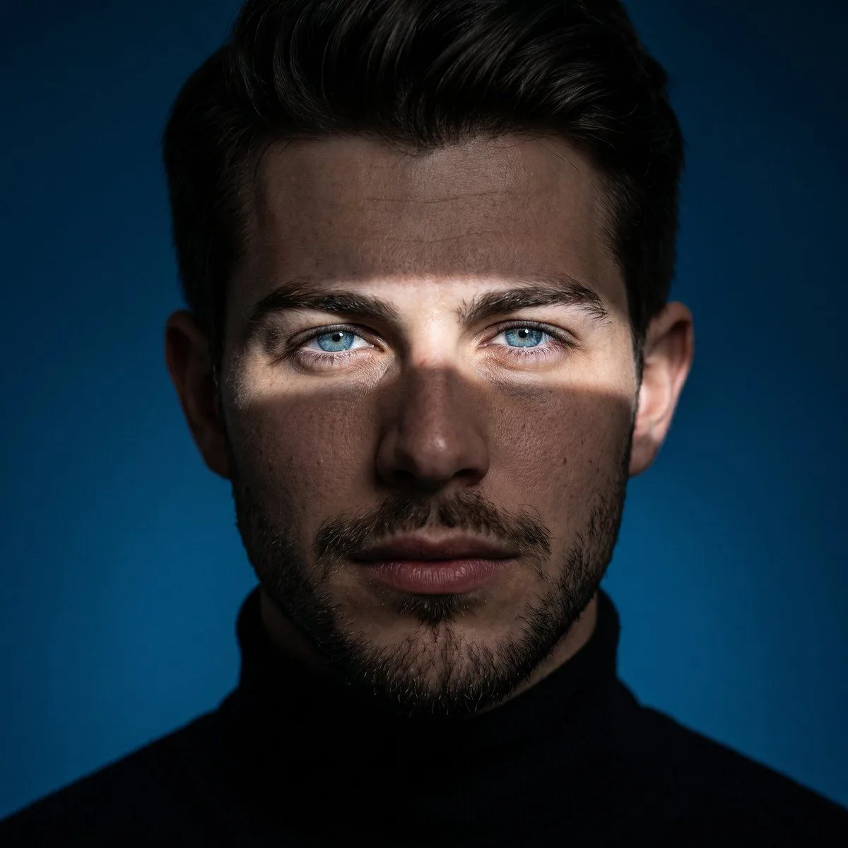 Ultra-realistic cinematic studio portrait, close-up headshot, subject centered, direct eye contact with the camera, neutral confident