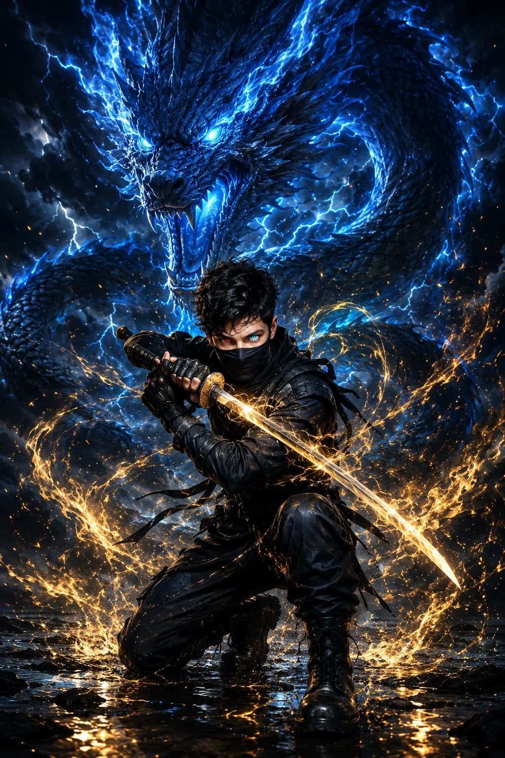 Ultra-realistic 8K cinematic fantasy ninja warrior portrait of a fierce young Indian man.
