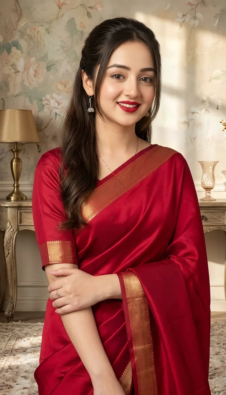 A high-resolution, photorealistic portrait of the same beautiful young woman from the source image, now draped elegantly in a rich, solid