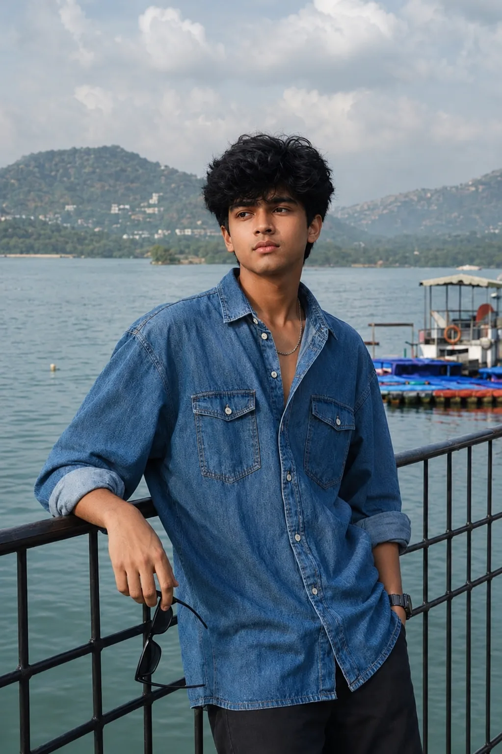 Prompt: Create a premium, ultra-photorealistic fashion portrait of a young South Asian male standing beside a serene mountain lake during a