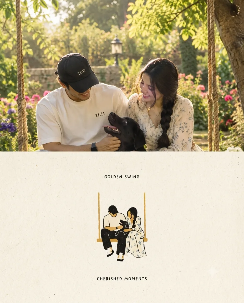 FIRST CREATE A PICTURE WITH THIS PROMPT In a serene garden illuminated by golden afternoon sunlight, a couple sits lovingly on a gentle