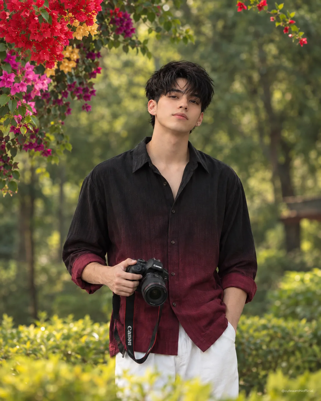 Ultra realistic DSLR photograph of a stylish young man standing naturally in a lush outdoor garden, photographed as a premium real-life