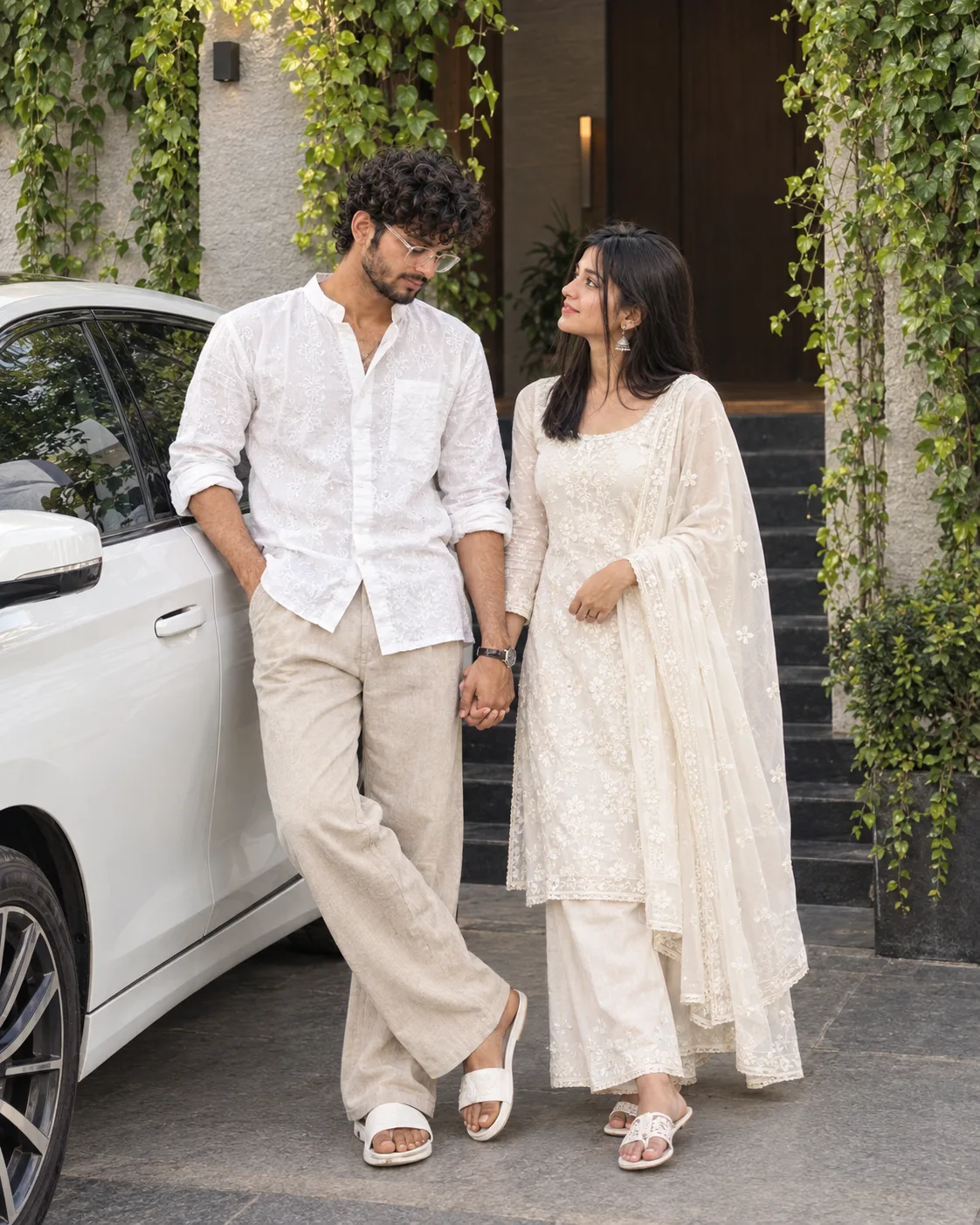 Young Indian couple holding hands beside a white luxury car, romantic candid lifestyle photography, man leaning casually against the car