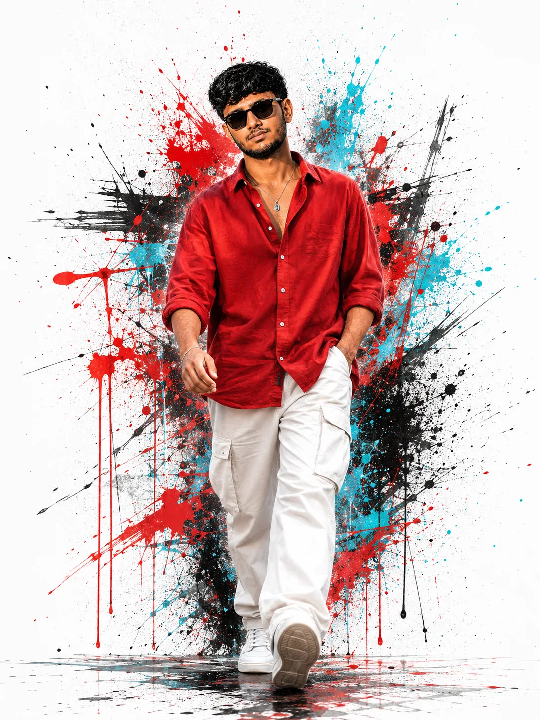 Create a highly realistic, full-body cinematic fashion portrait of a stylish young man walking confidently toward the camera.