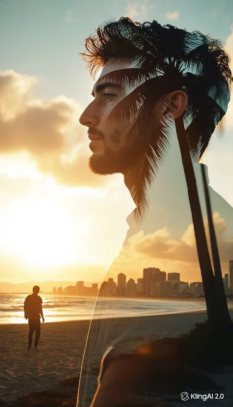 A high-end cinematic double exposure photography of a young handsome man with short messy hair and a trimmed beard in a sharp side profile