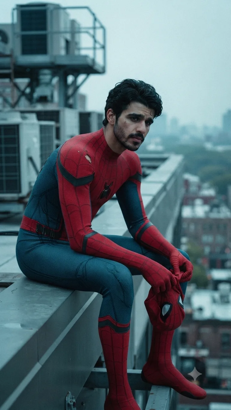 A superhero in a red and blue spider suit sits on the edge of a skyscraper rooftop, frontal view, camera at eye level, waist-length medium