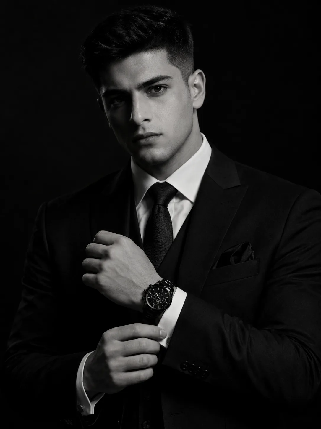 Create a premium black-and-white cinematic studio portrait of a stylish adult man wearing a perfectly tailored black three-piece suit,