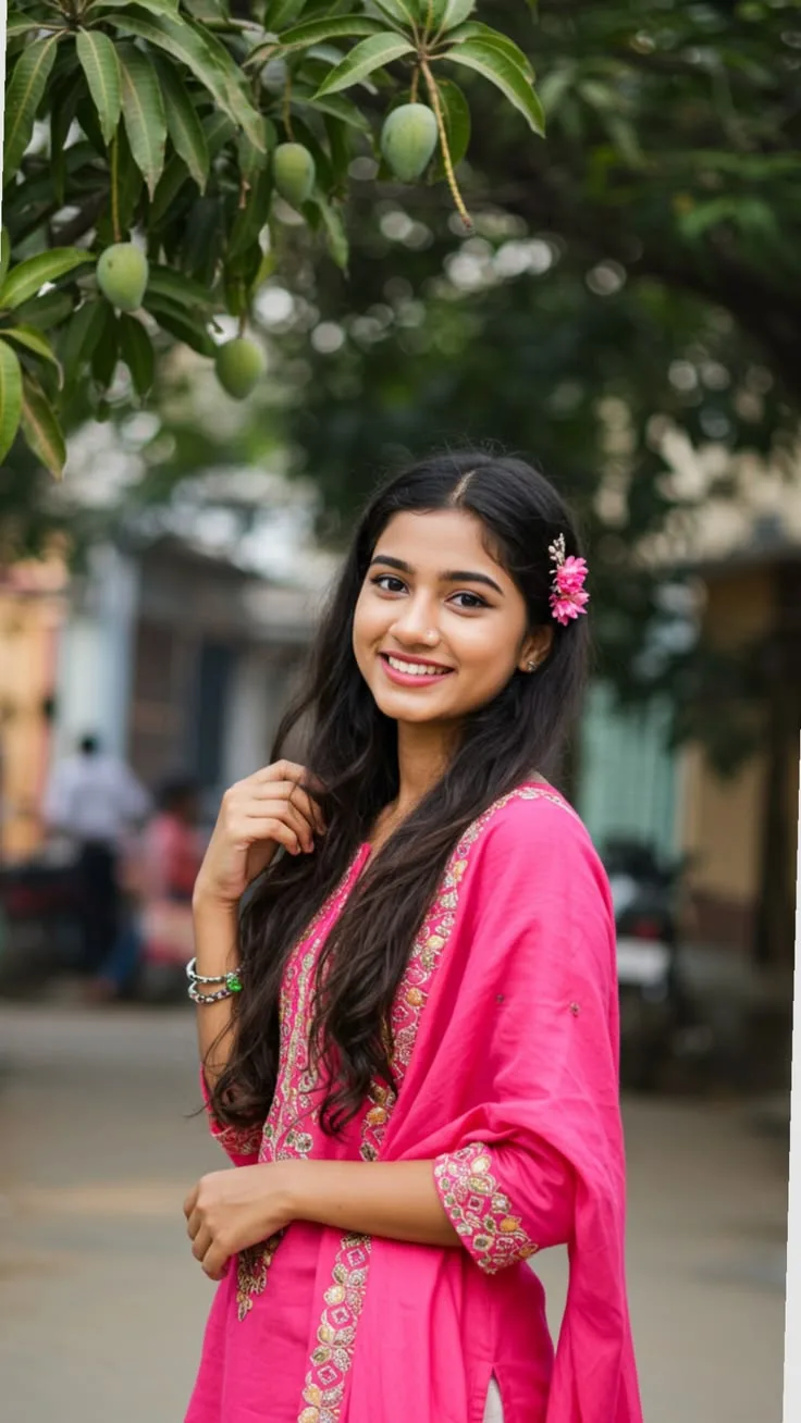 A photorealistic vertical medium shot of the young South Asian woman from the reference image, faithfully preserving her exact facial