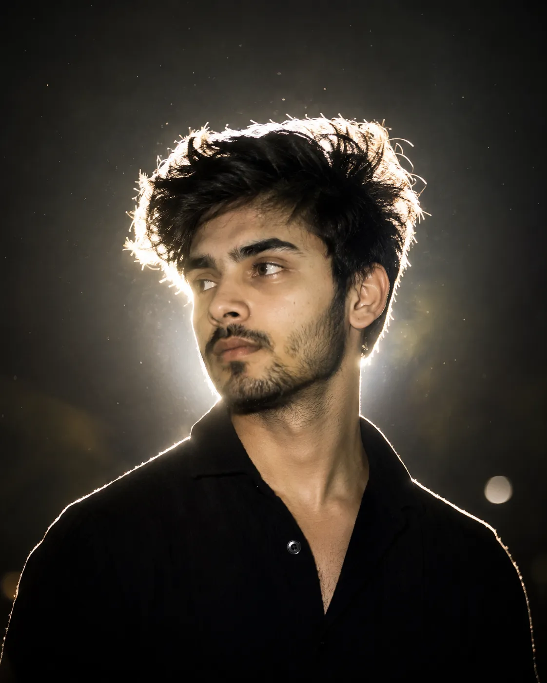 @Create image Create a cinematic dreamy night portrait with a strong soft white backlight glow behind the subject, creating a bright