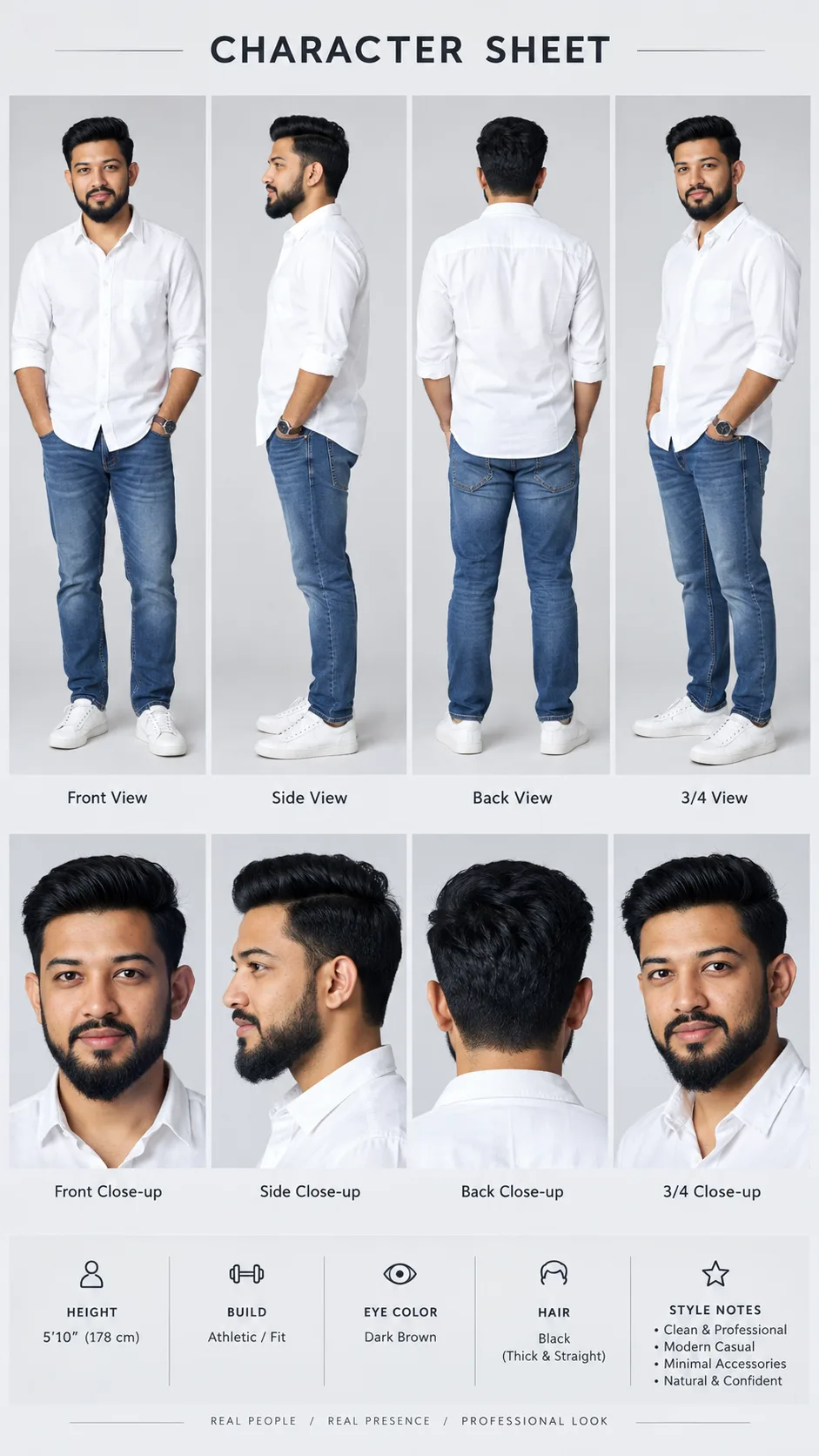 Use the uploaded image as the exact identity and face reference and generate a professional character sheet of the same person in a 9:16