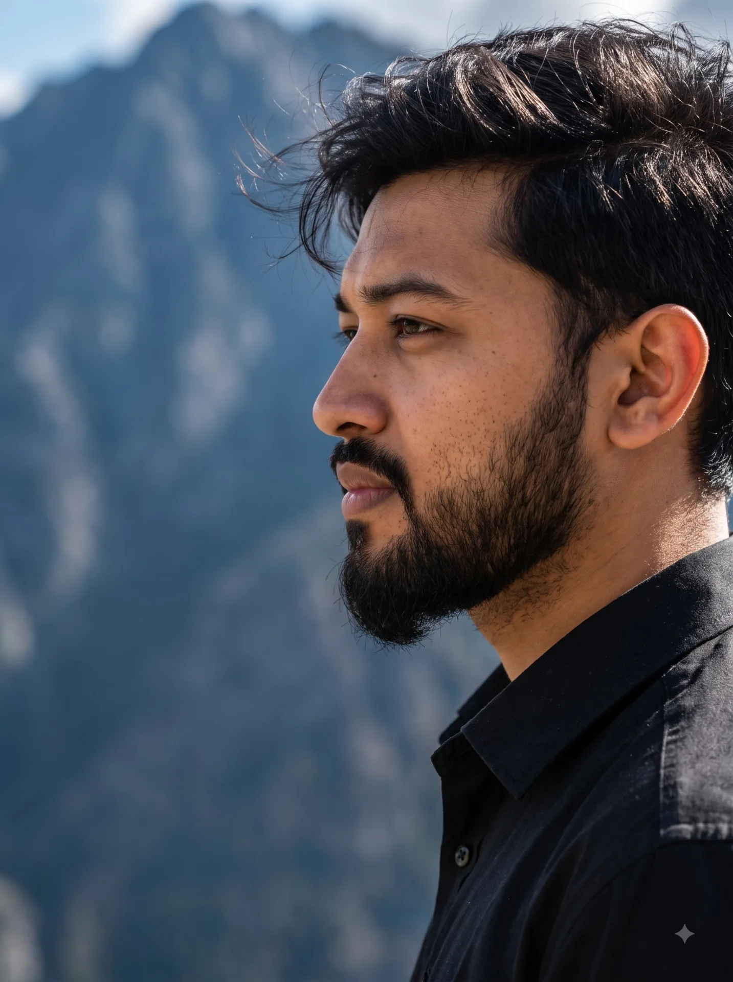 Close-up (CU), Profile: An extreme close-up shot of the man's face in profile, looking to the viewer's right over the edge of the valley.