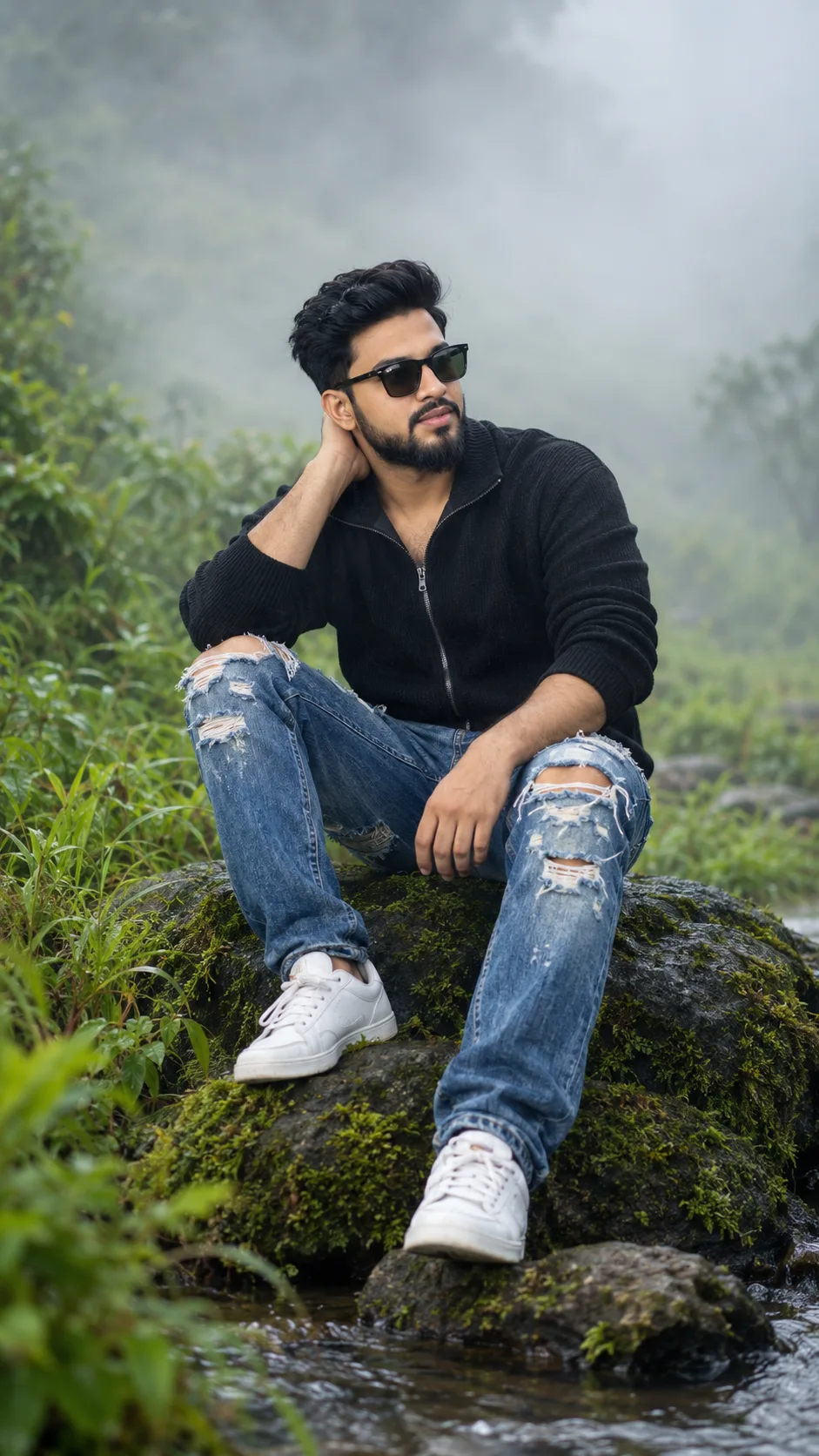 Create an image VIBRANT AND MOODY OUTDOOR PORTRAIT OF A YOUNG MAN SITTING ON A MOSSY BLACK ROCK BY A GENTLE STREAM.