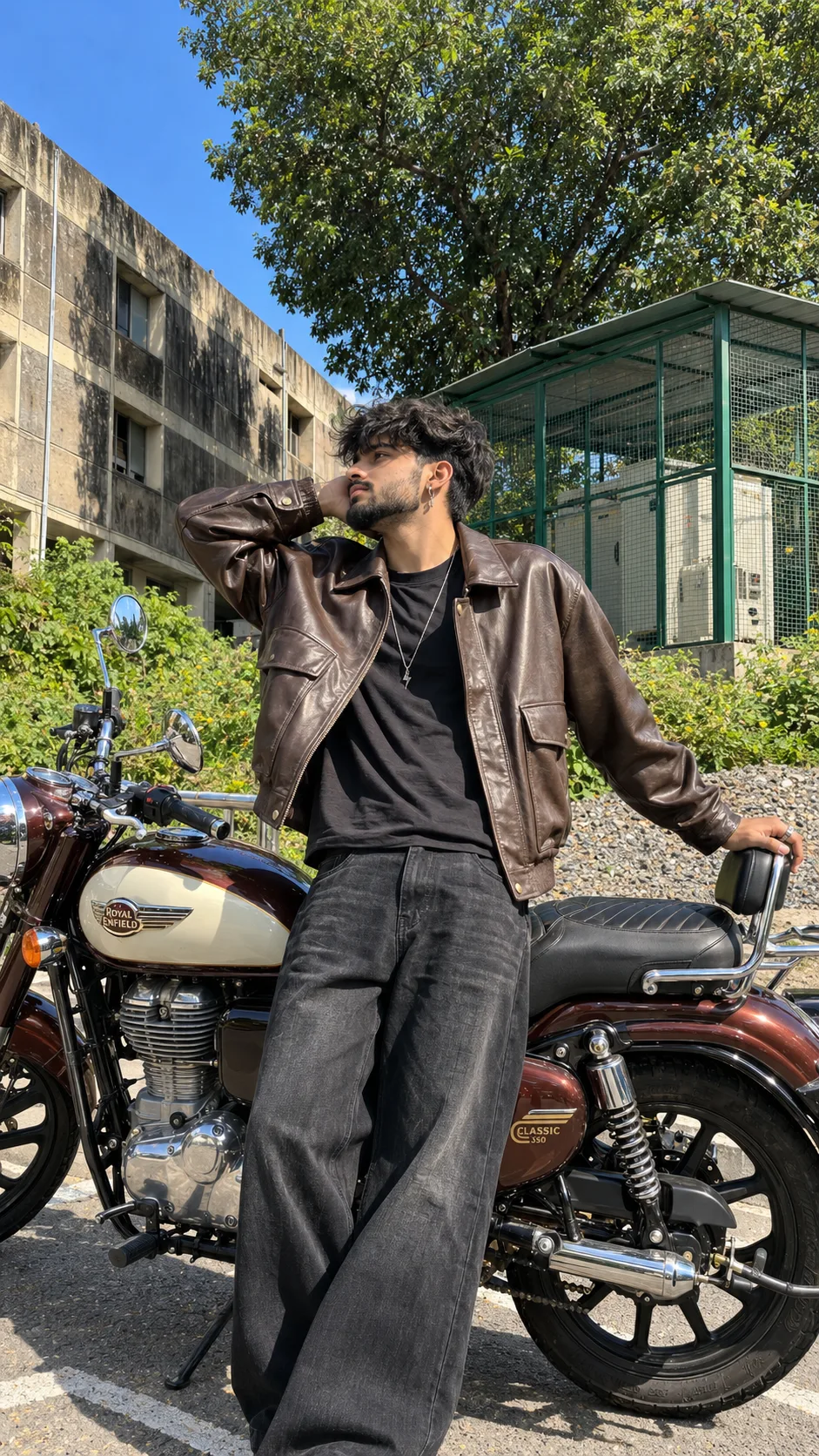 Vertical 9:16 street-style portrait photo, waist-up to knee crop, wide-angle smartphone shot (24mm equivalent, camera at chest-to-waist