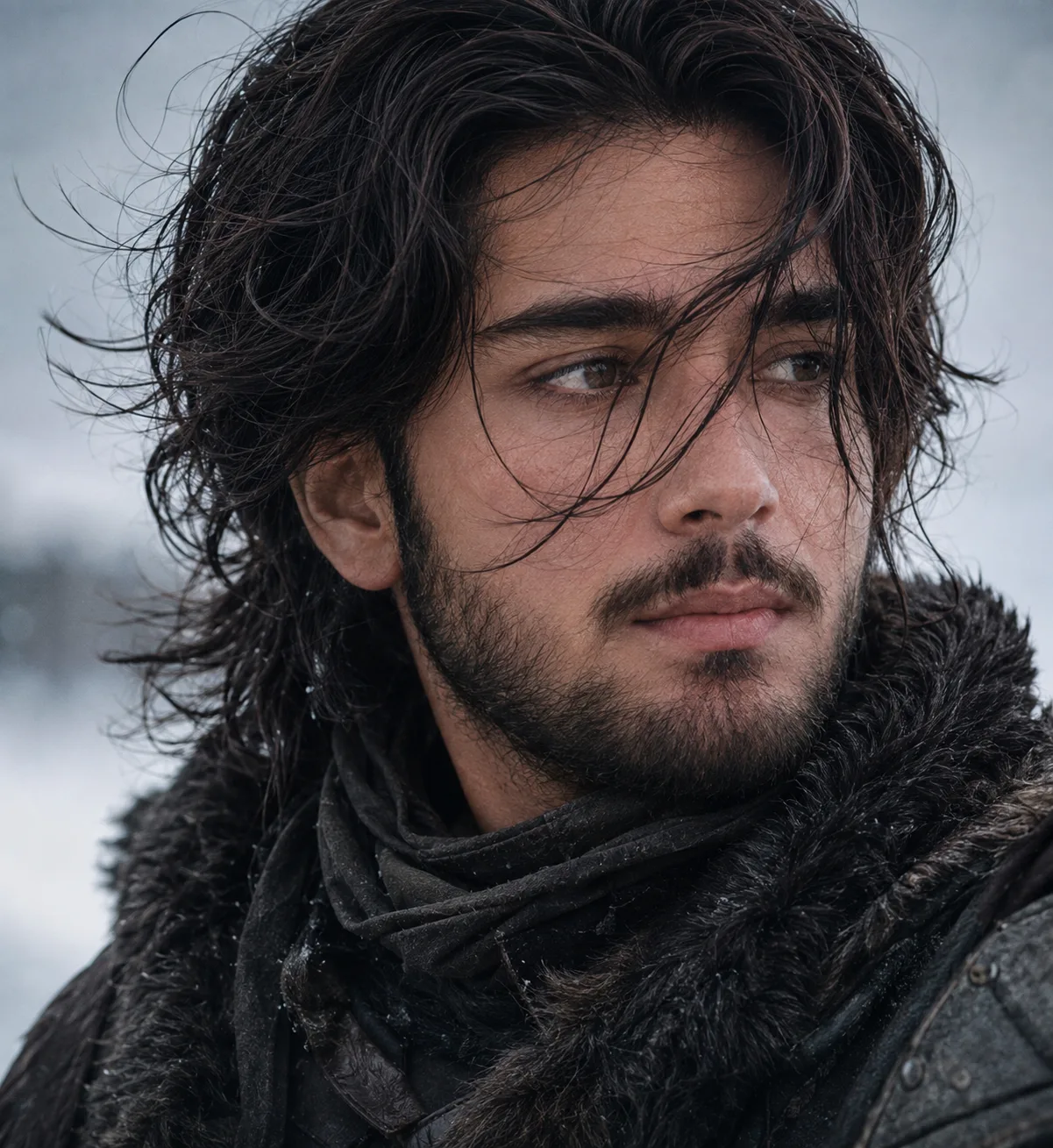 A highly cinematic, photorealistic close-up portrait of a rugged young adult man in a harsh, cold outdoor environment, shown in a