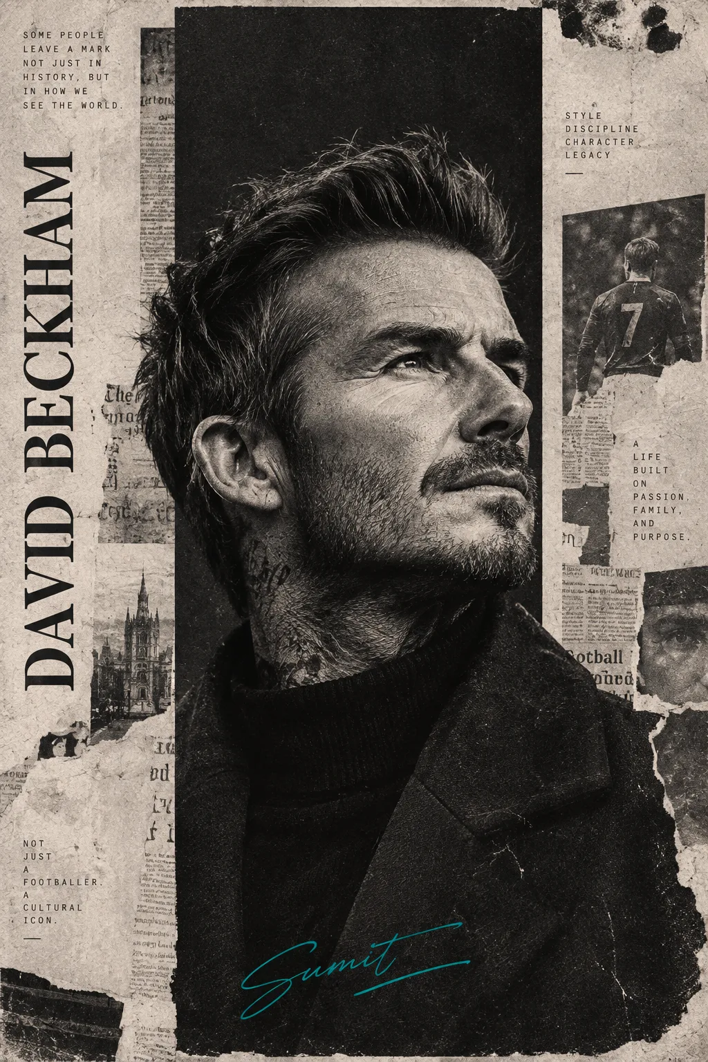 Subject & Action Ultra-realistic black-and-white portrait of David Beckham, 45-degree front-side profile, angled upward with a confident,