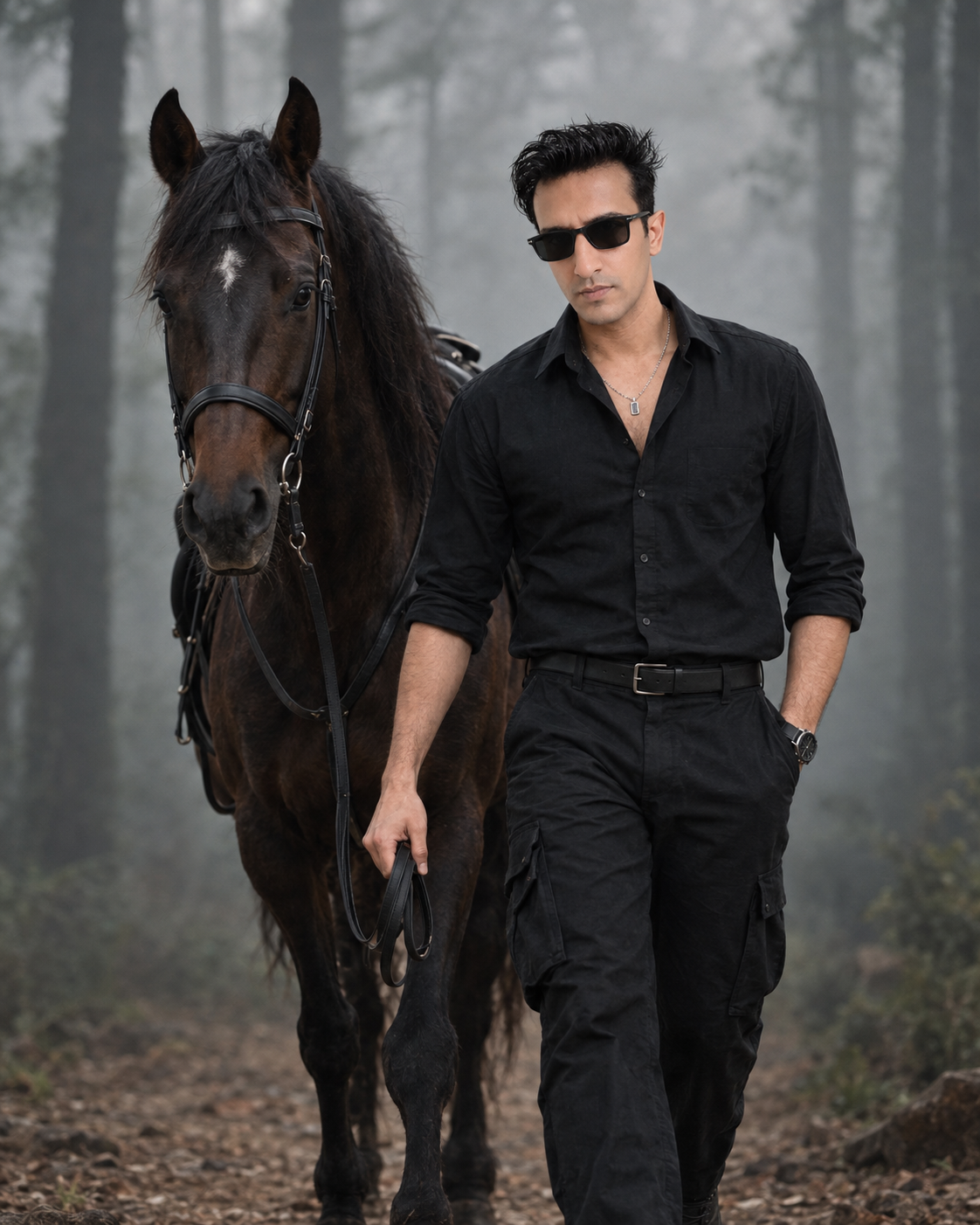 Create an ultra-realistic, high-quality cinematic full-body fashion portrait of a stylish young Indian man standing confidently beside a