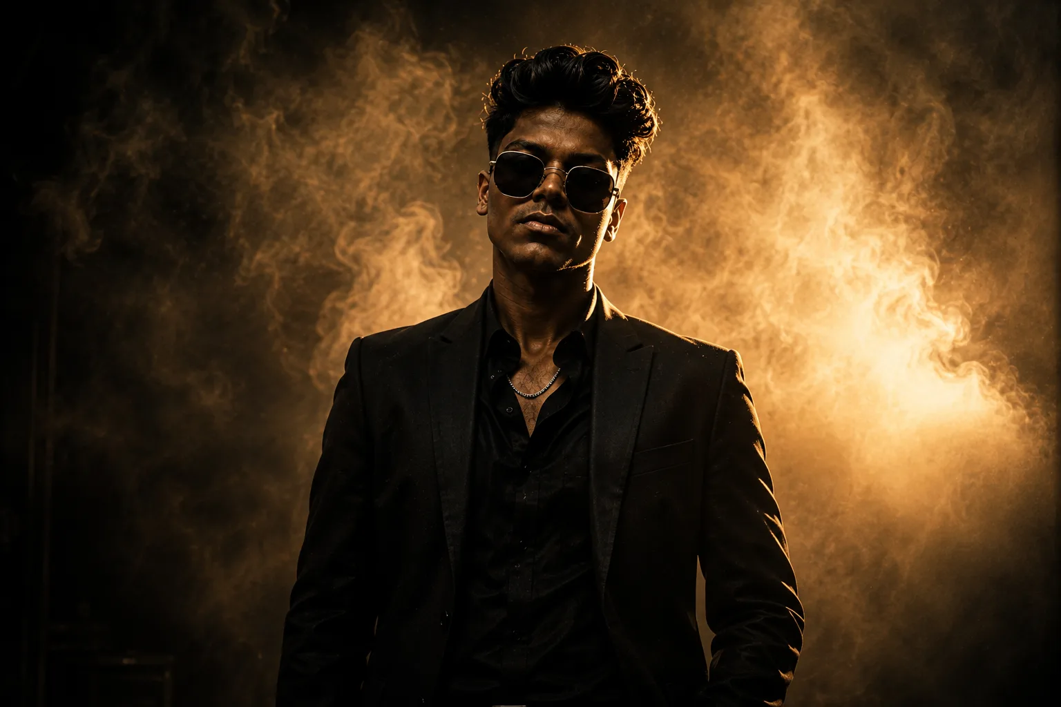 Prompt: Ultra-realistic cinematic portrait of a confident young man standing against a dark black studio background filled with dramatic