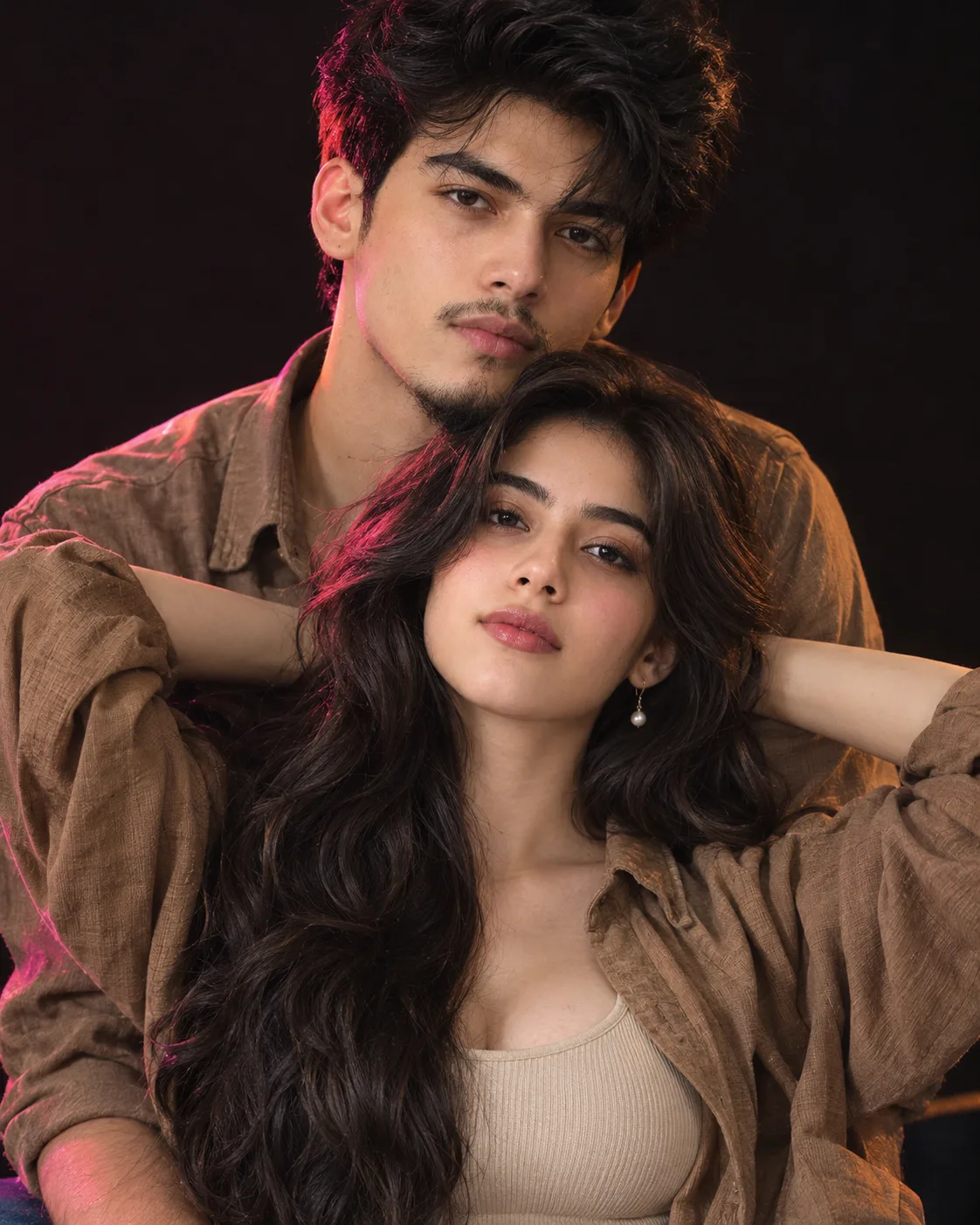 Cinematic Studio Portrait of a Young Couple in Matching Tan Shirts