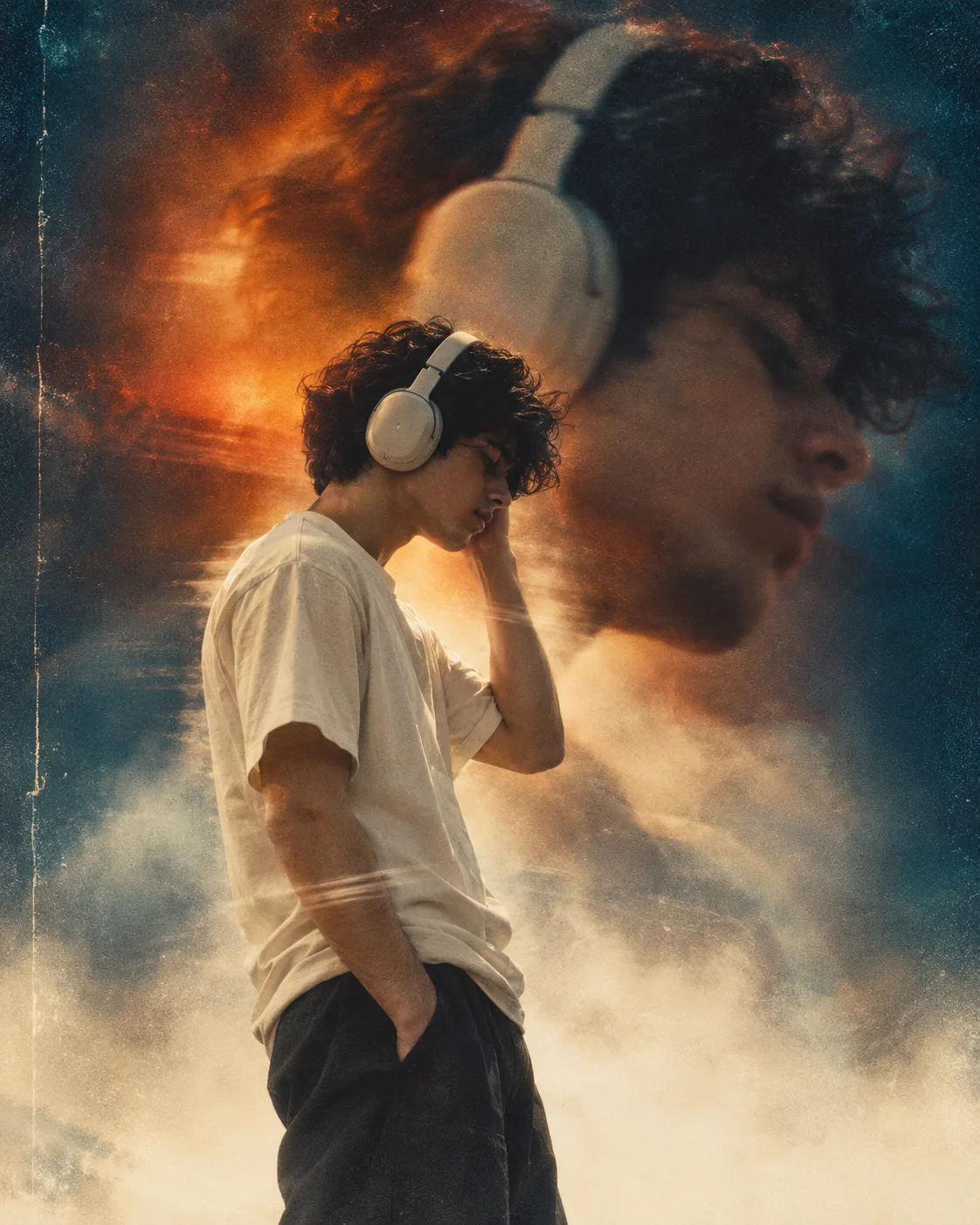 Create a vertical 4:5 photograph of the man from the reference image wearing large ivory-colored headphones, a cream-colored T-shirt, and